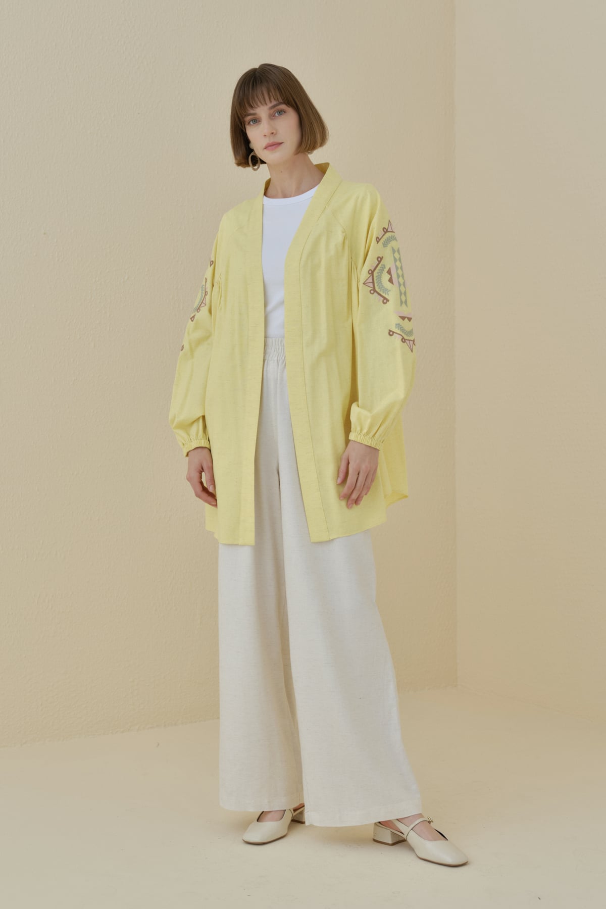 NİHAN Kimono Nihan Nakış Detaylı Kimono  Sarı_modest