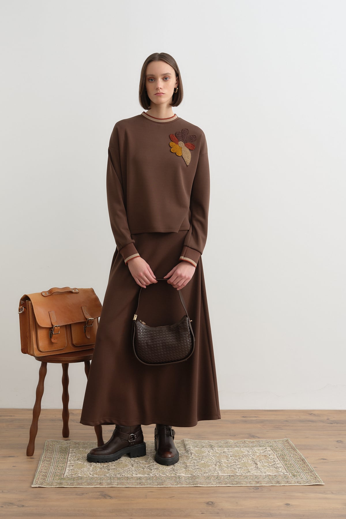 NİHAN Takım Nihan Nakış Detaylı Örme Etek Bluz Takım  Kahve_modest