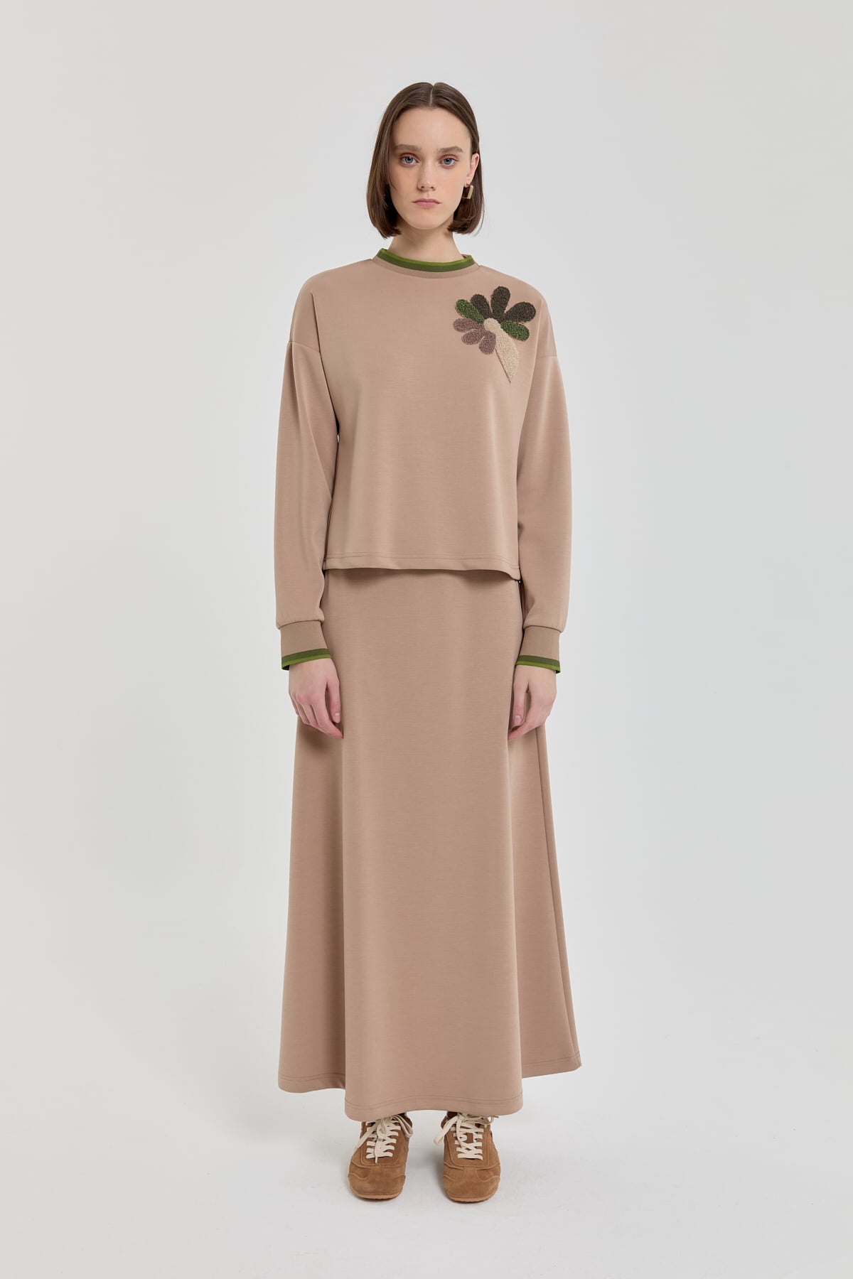 NİHAN Takım Nihan Nakış Detaylı Örme Etek Bluz Takım  Camel_modest