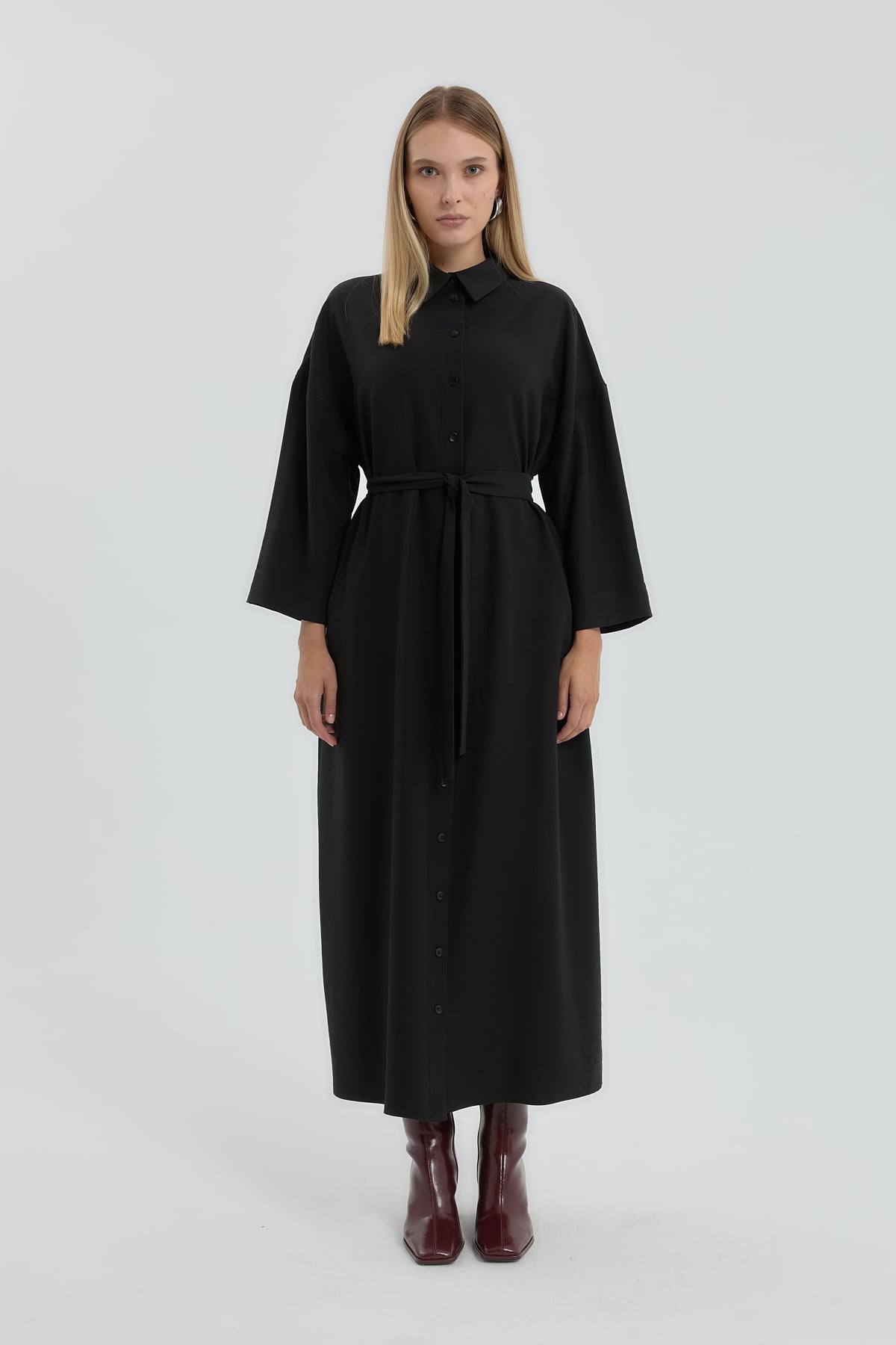 NİHAN Elbise Nihan Önden Düğmeli Kuşaklı Modal Elbise  Siyah_modest