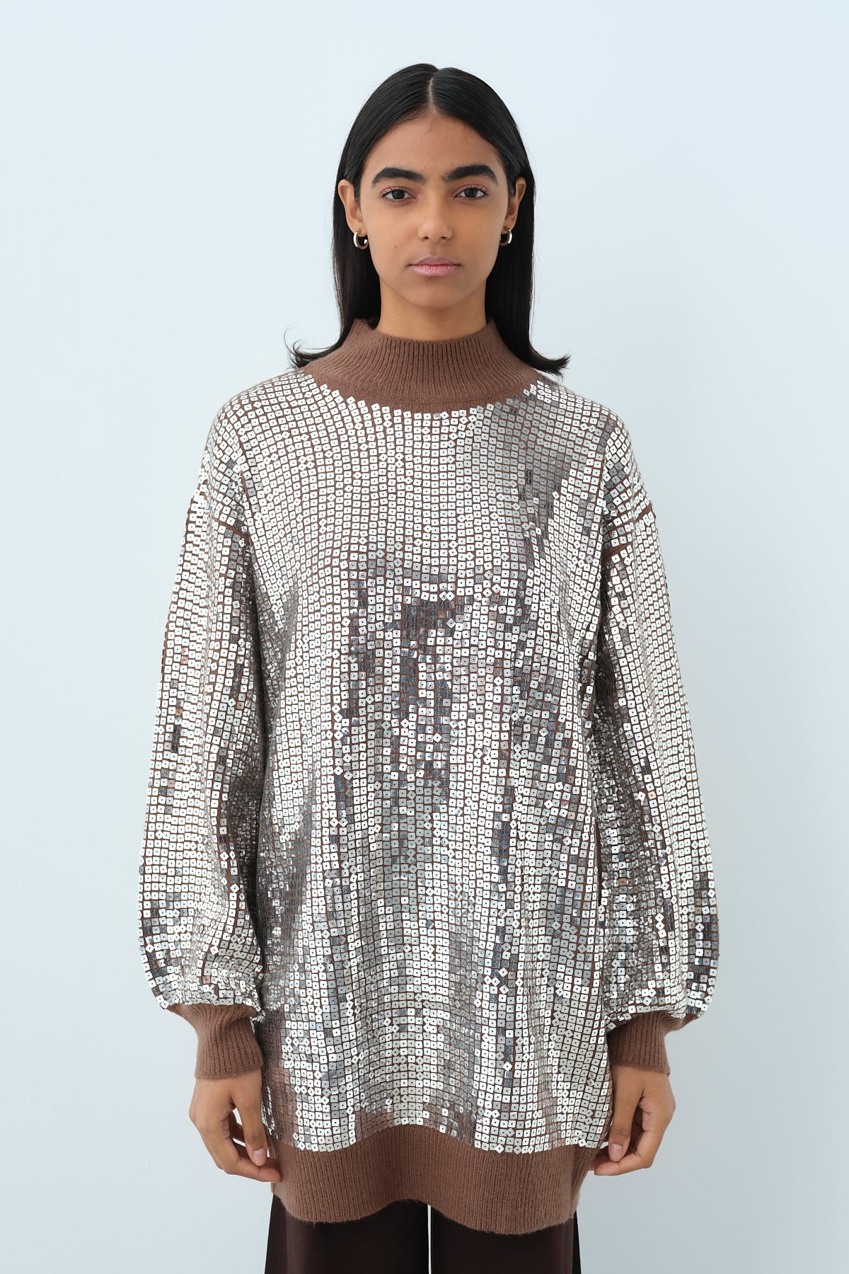 NİHAN Tunik Nihan Önü Payetli Triko Tunik  Kahve_modest