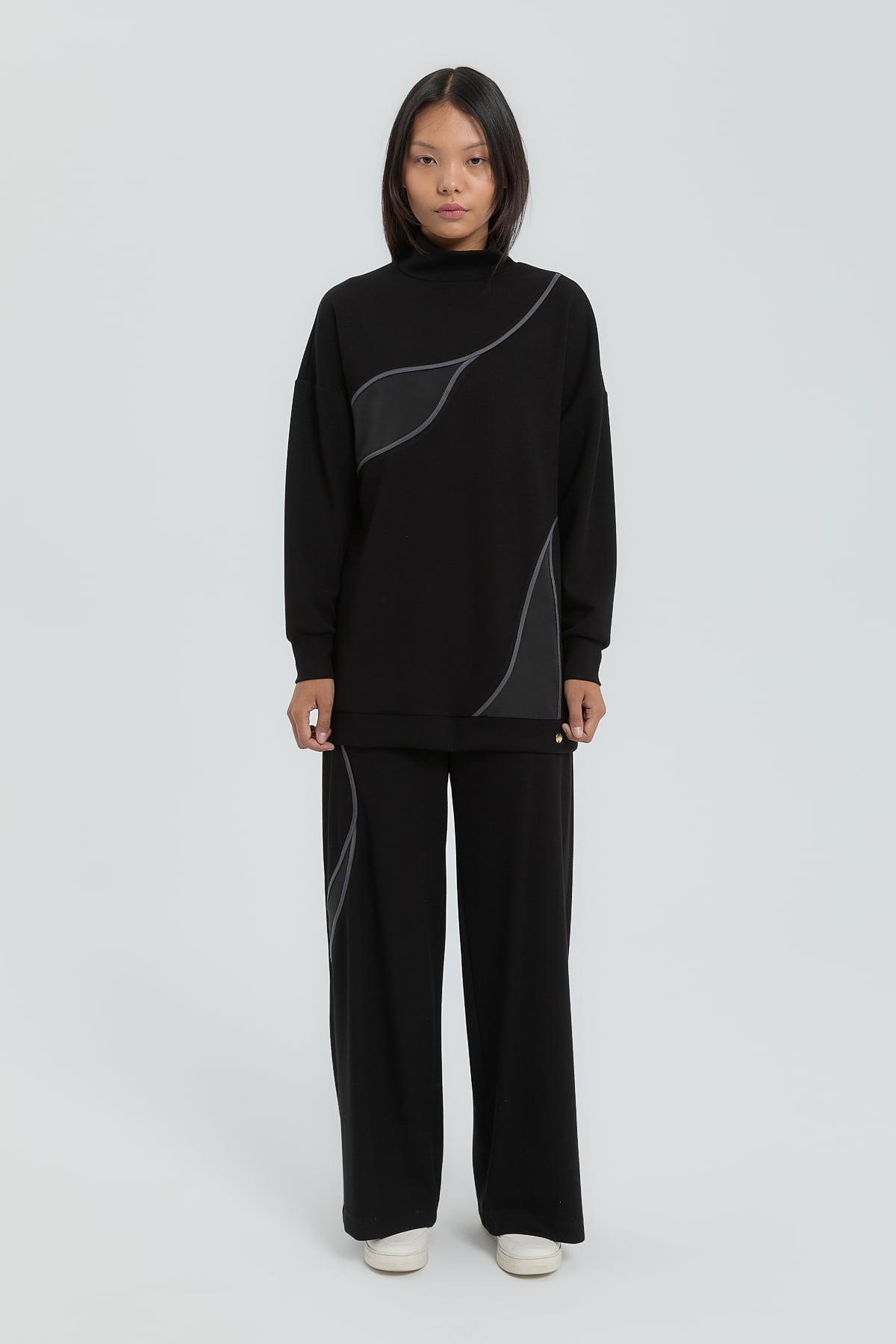 NİHAN Takım Nihan Örme Garnili Pantolon Tunik Takım  Siyah_modest