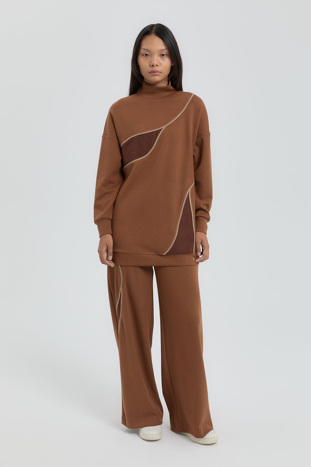 NİHAN Takım Nihan Örme Garnili Pantolon Tunik Takım  Açık Kahve_modest