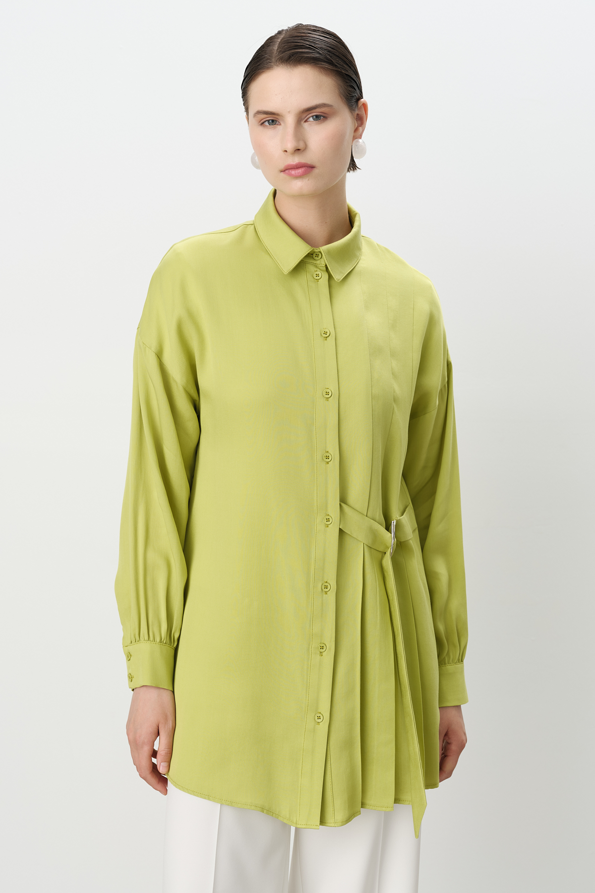 NİHAN Tunik Nihan Pile ve Kemer Detaylı Tencel Tunik  Fıstık Yeşili_modest