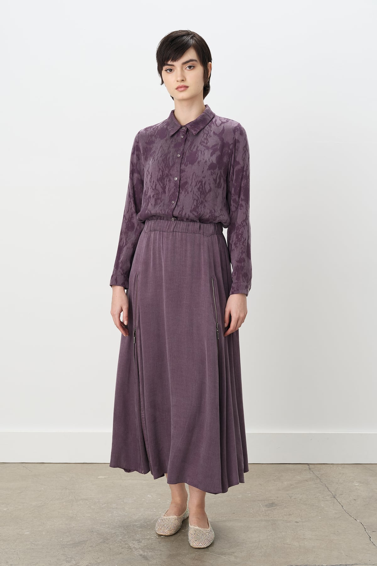 NİHAN Etek Nihan Premium Çift Fermuar Detaylı Kloş Etek  Mürdüm_modest