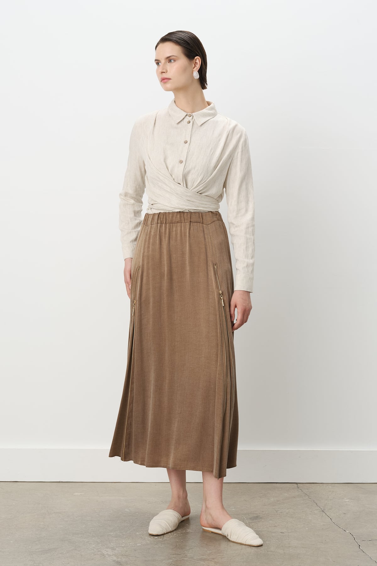 NİHAN Etek Nihan Premium Çift Fermuar Detaylı Kloş Etek  Açık Kahve_modest