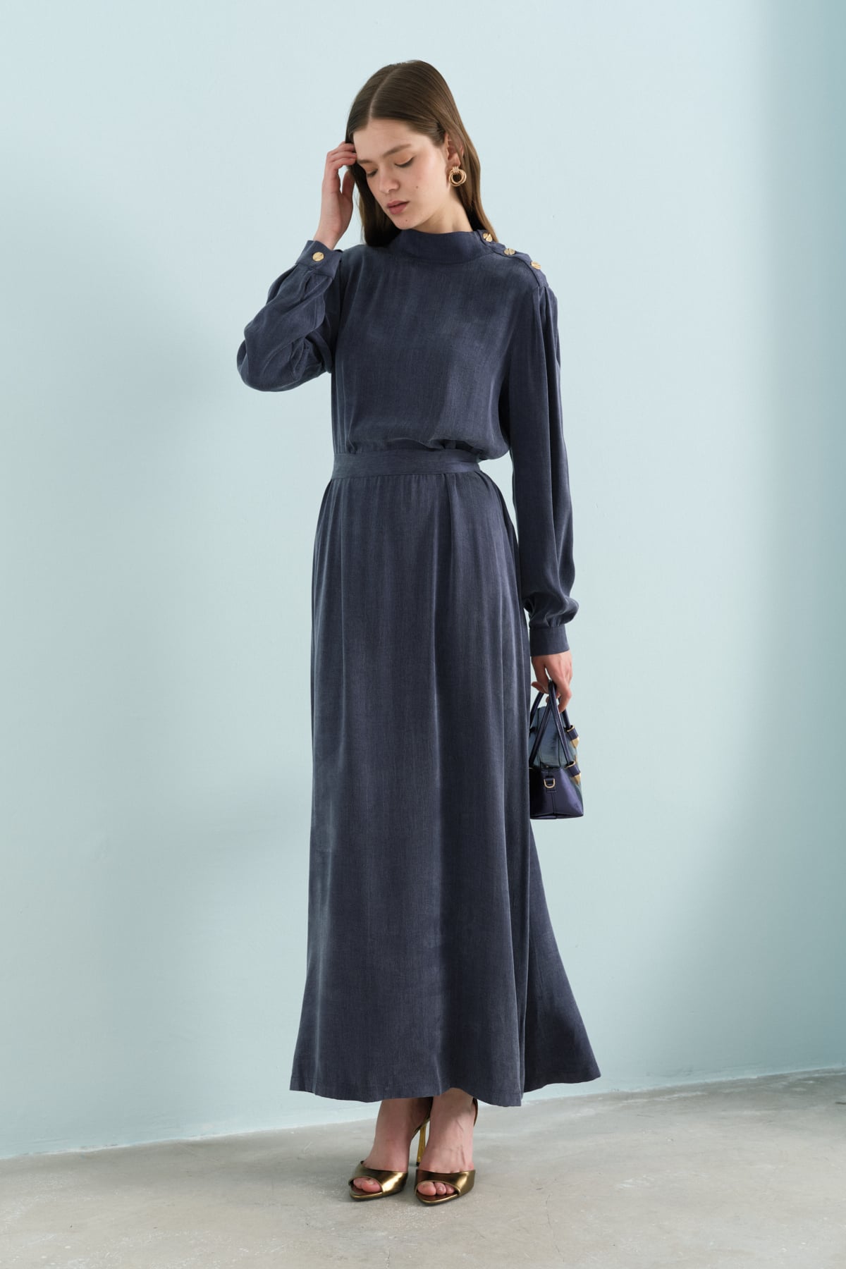 NİHAN Elbise Nihan Premium Omuzdan Düğmeli Kuşaklı Elbise  Lacivert_modest