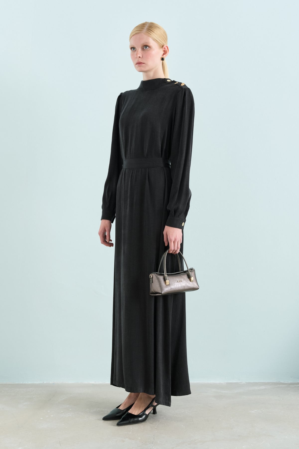 NİHAN Elbise Nihan Premium Omuzdan Düğmeli Kuşaklı Elbise  Siyah_modest