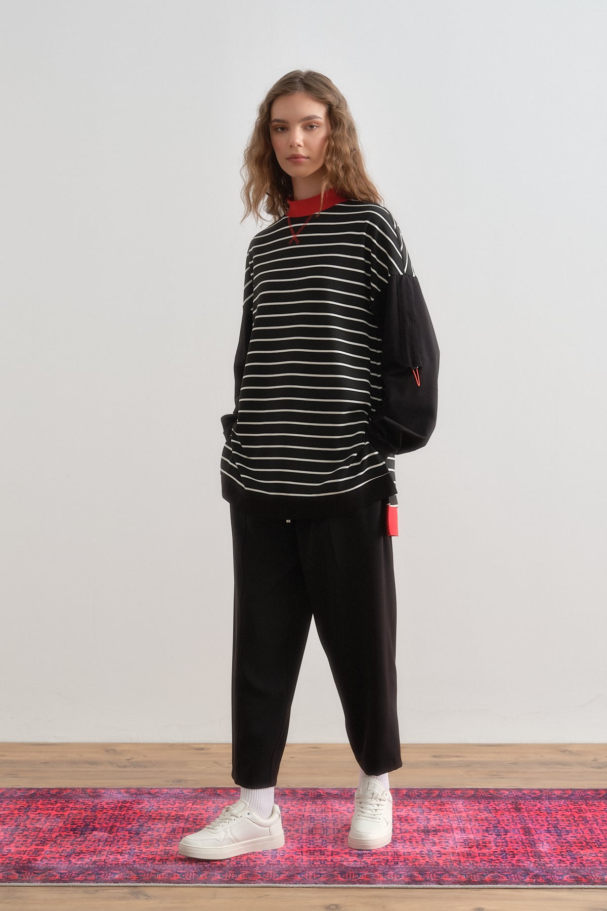 NİHAN Sweat Nihan Ribana Detaylı Çizgili Örme Sweat  Siyah_modest