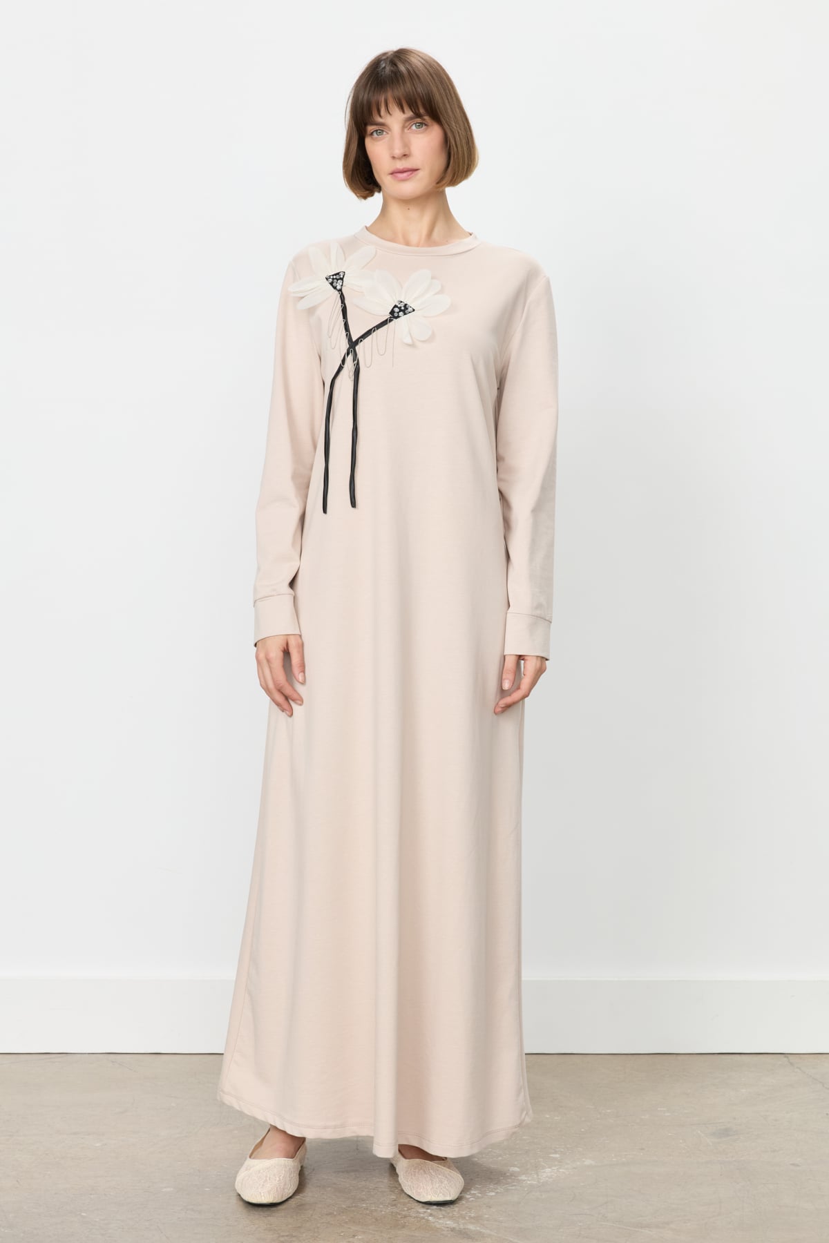 NİHAN Elbise Nihan Şifon ve Çiçek Detaylı Elbise  Taş_modest