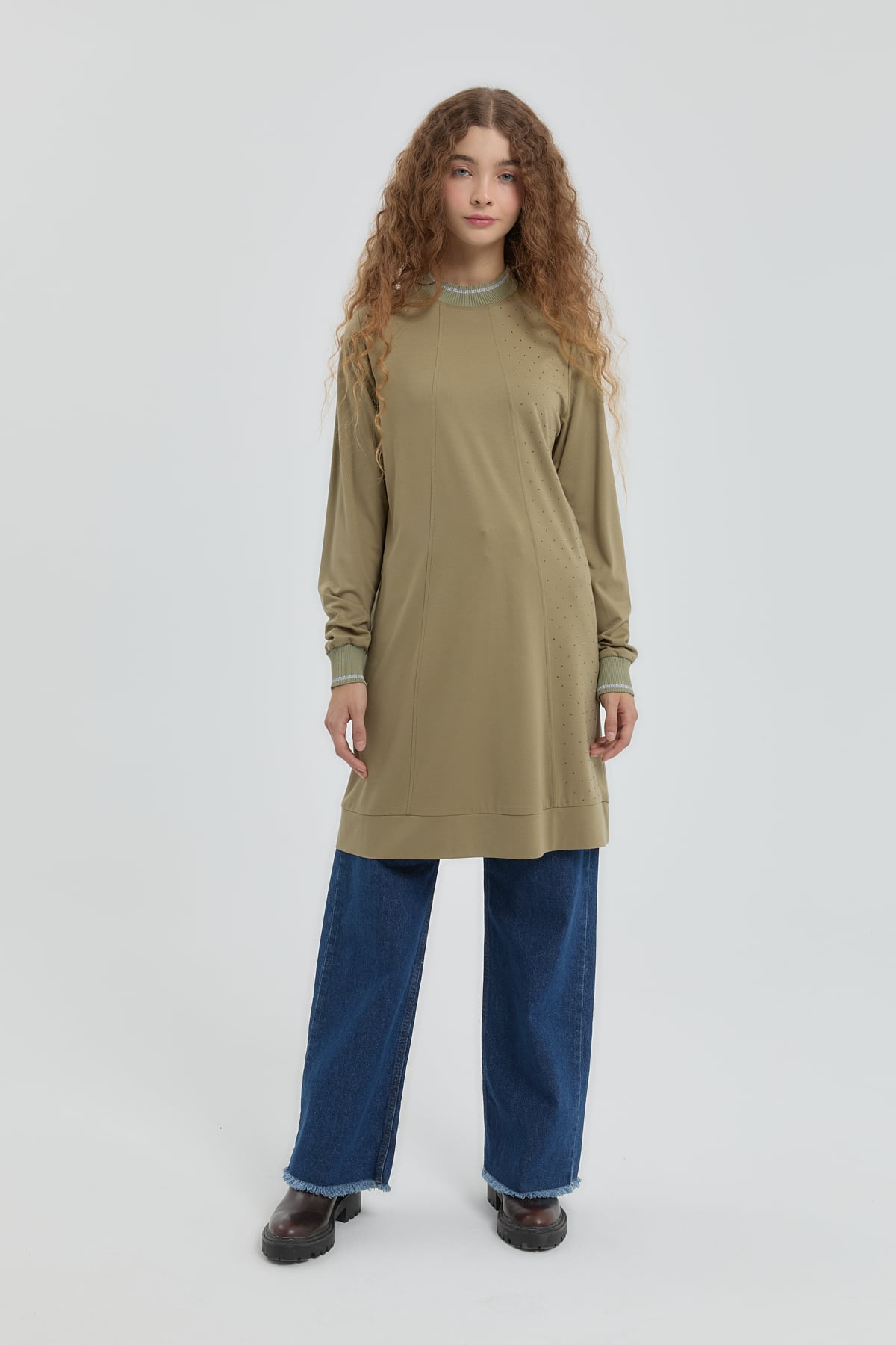 NİHAN Tunik Nihan Taş Detaylı Örme Tunik  Haki_modest