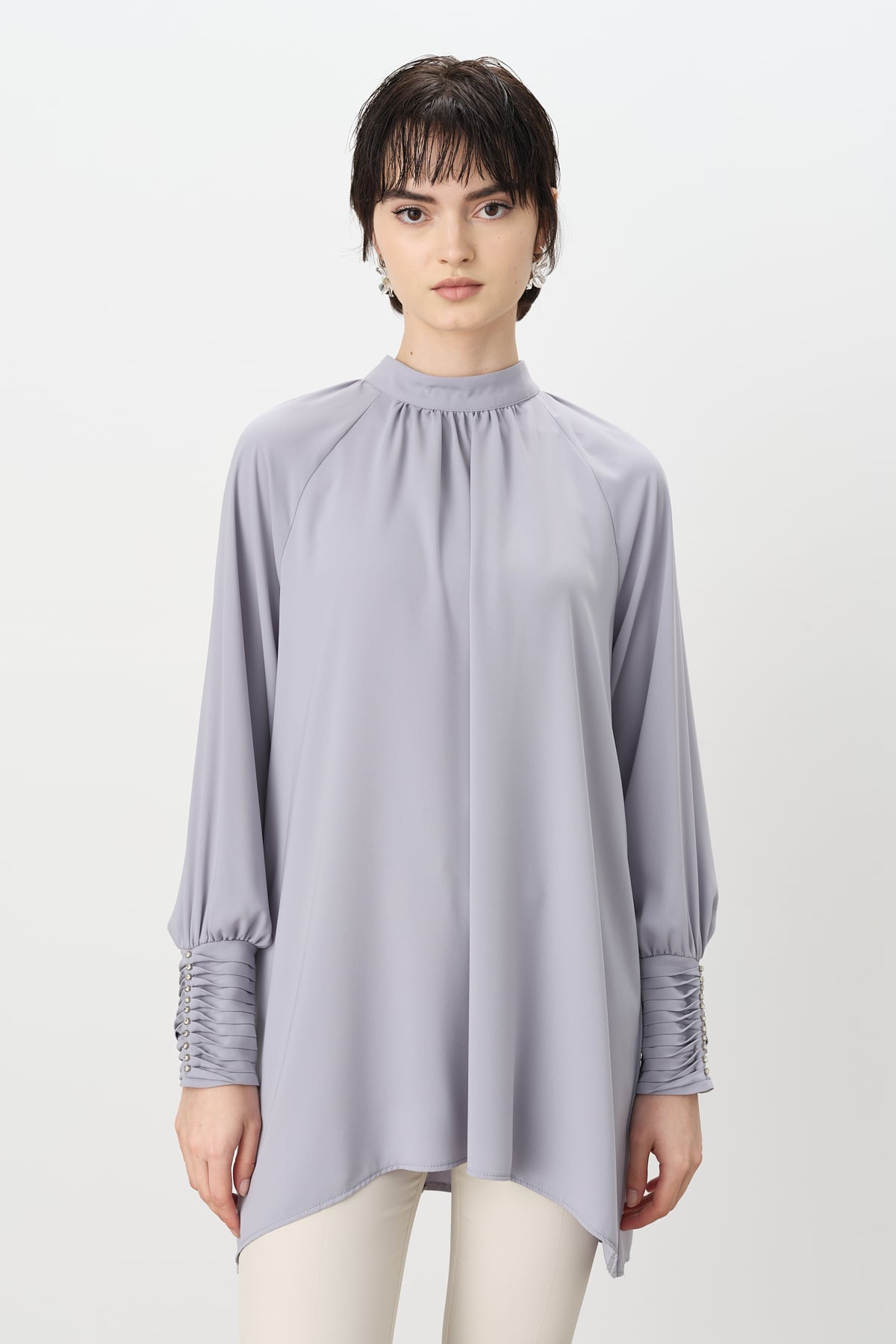 NİHAN Tunik Nihan Taş Detaylı Şık Tunik  Gri_modest