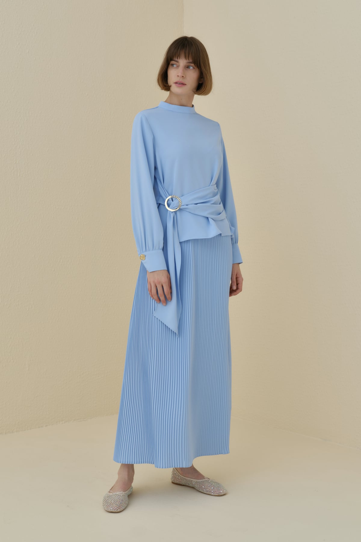 NİHAN Takım Nihan Toka Detaylı Etek Bluz Takım  Açık Mavi_modest
