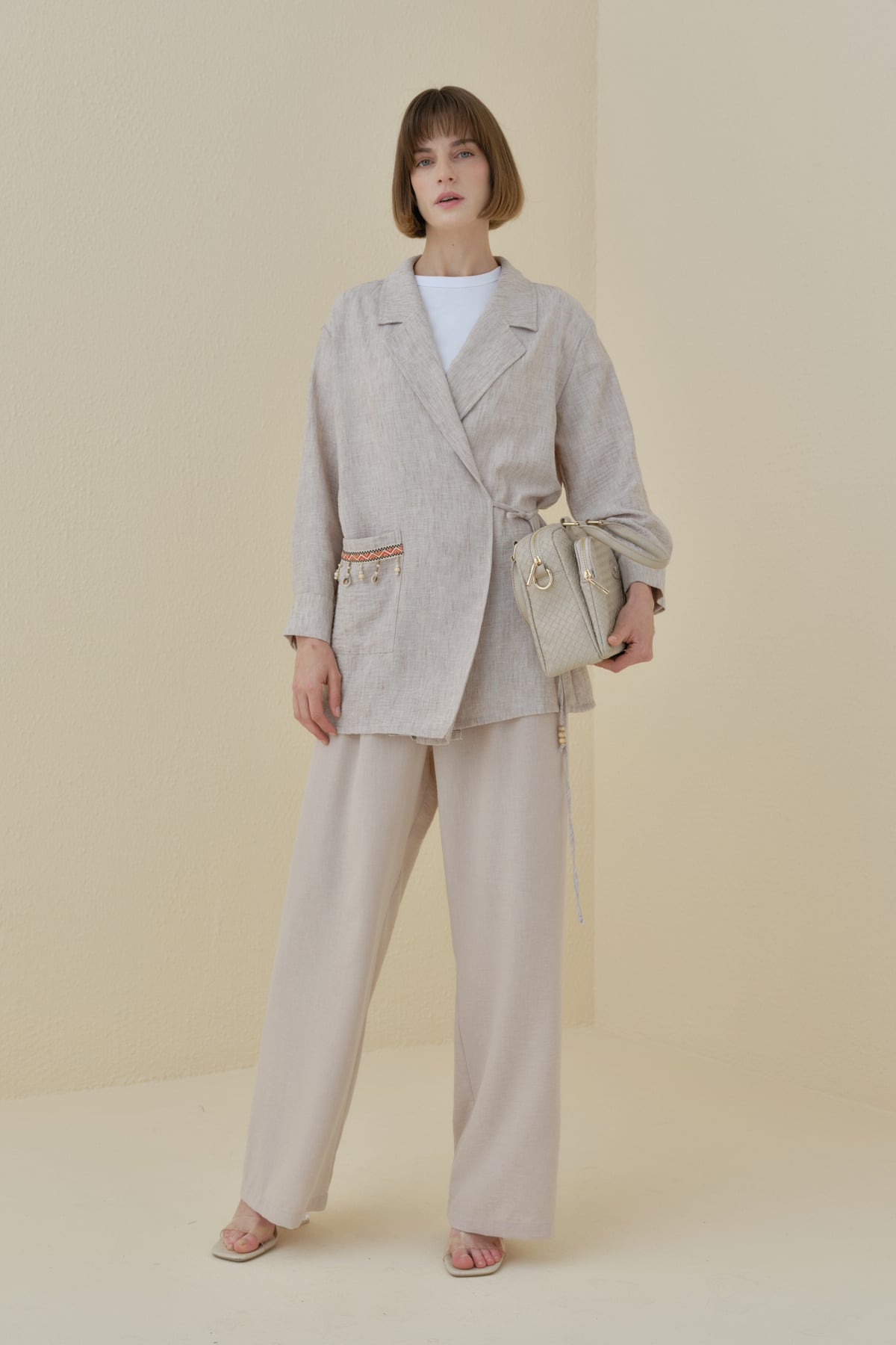 NİHAN Ceket Nihan Yandan Bağlamalı Anvelop Keten Ceket  Açık Kahve_modest