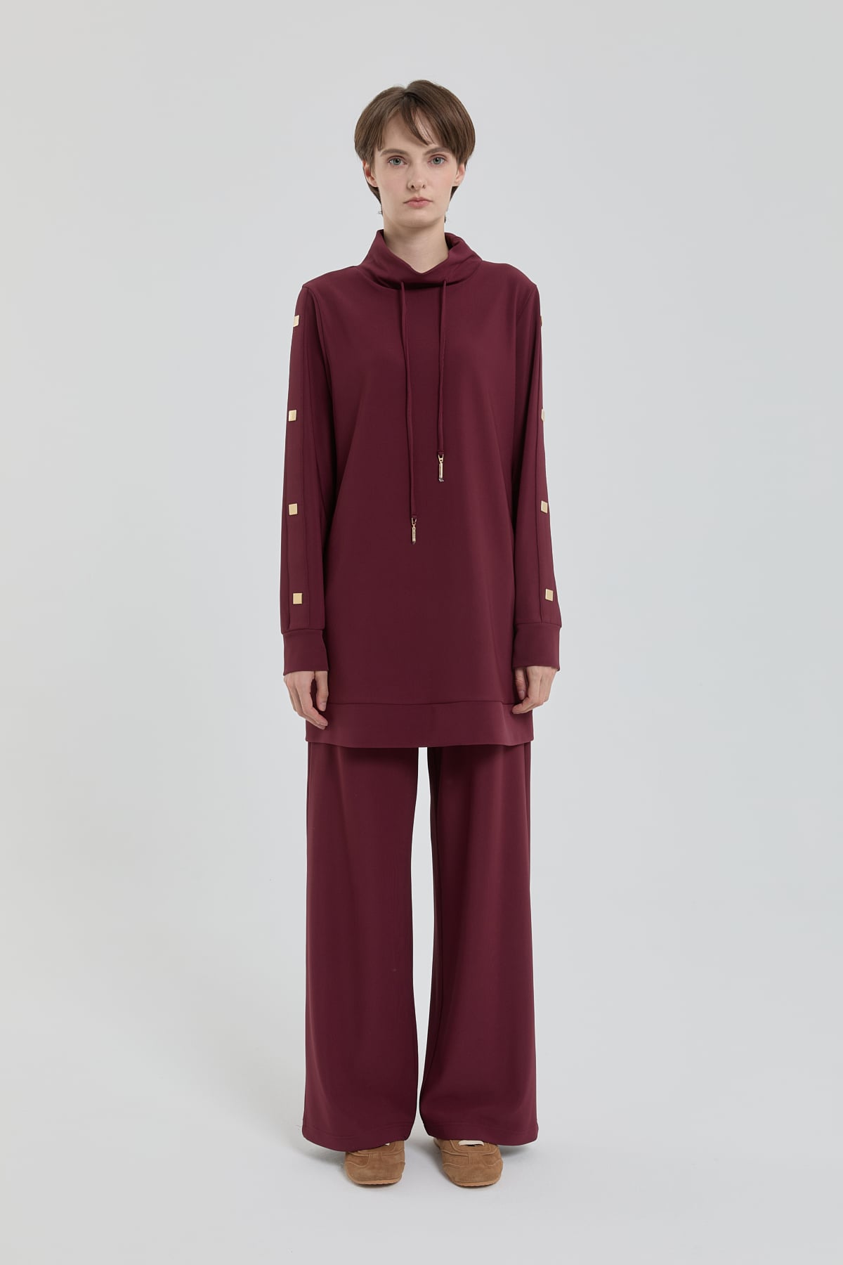 NİHAN Takım Parlak Taş Detaylı Örme Pantolon Tunik Takım  Bordo_modest