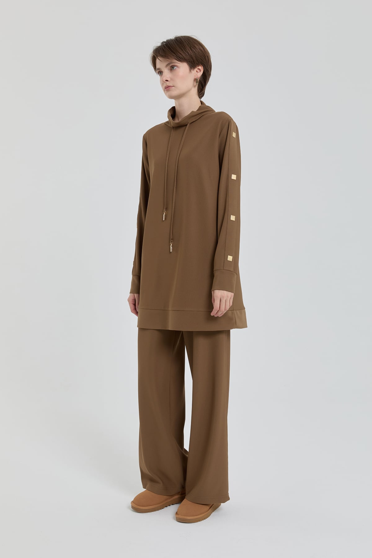 NİHAN Takım Parlak Taş Detaylı Örme Pantolon Tunik Takım  Olive_modest