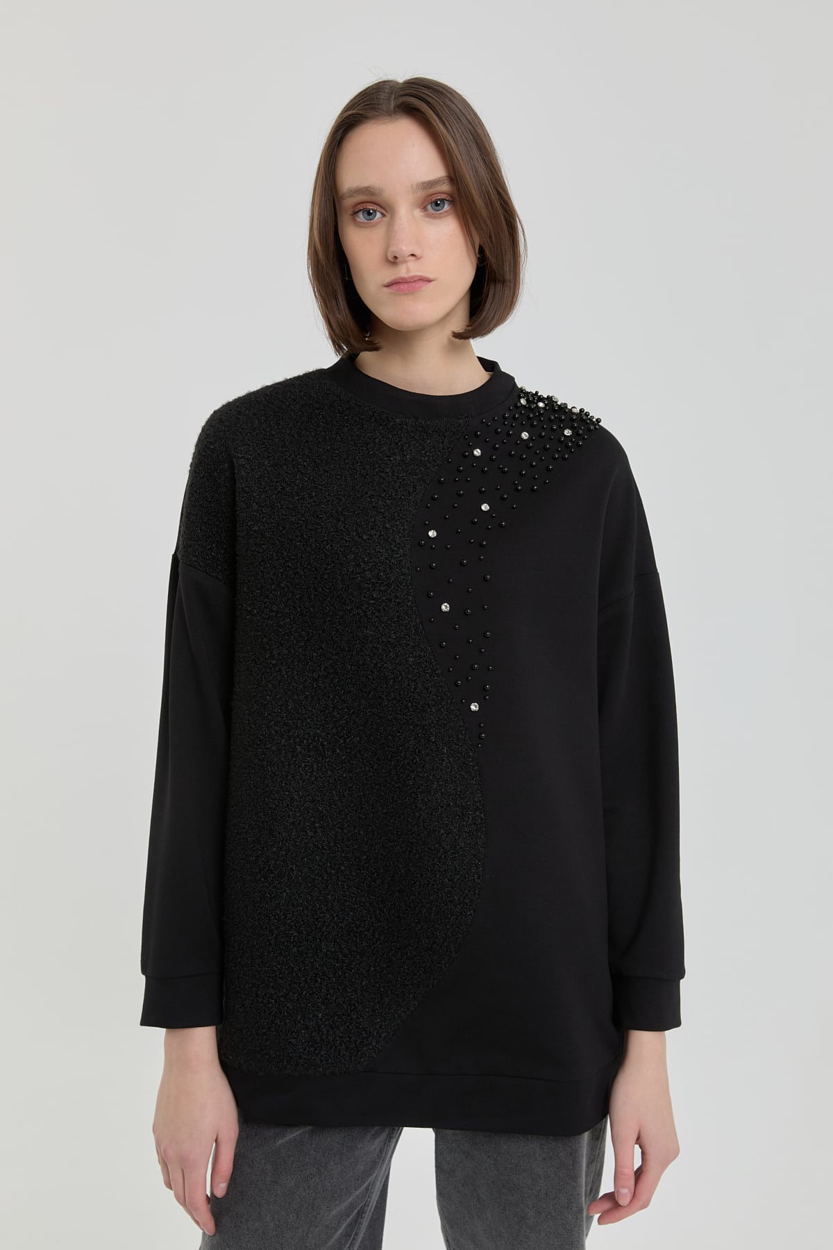 NİHAN Sweat Peluş ve Taş Detaylı Sweat  Siyah_modest