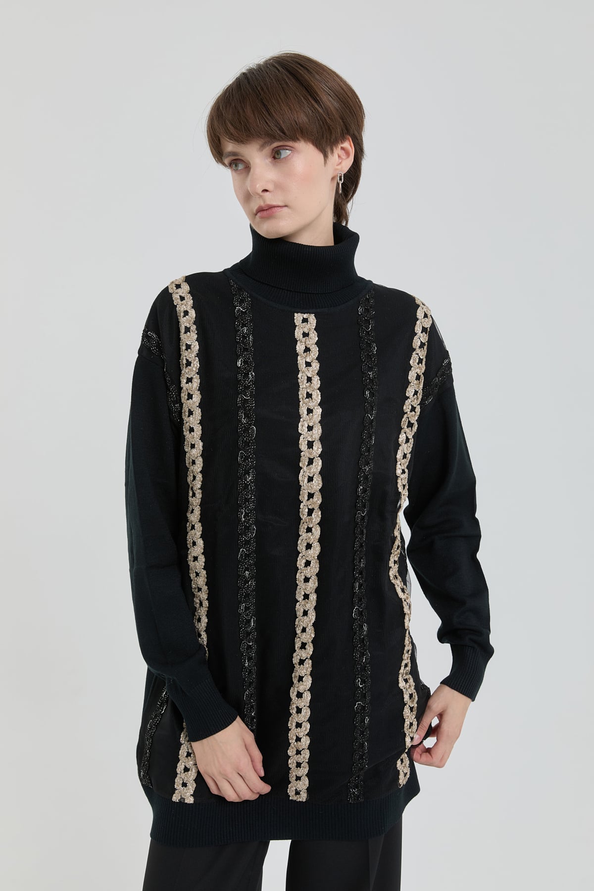 NİHAN Tunik Şönil Saç Örgü Süslemeli Merserize Tunik  Siyah_modest