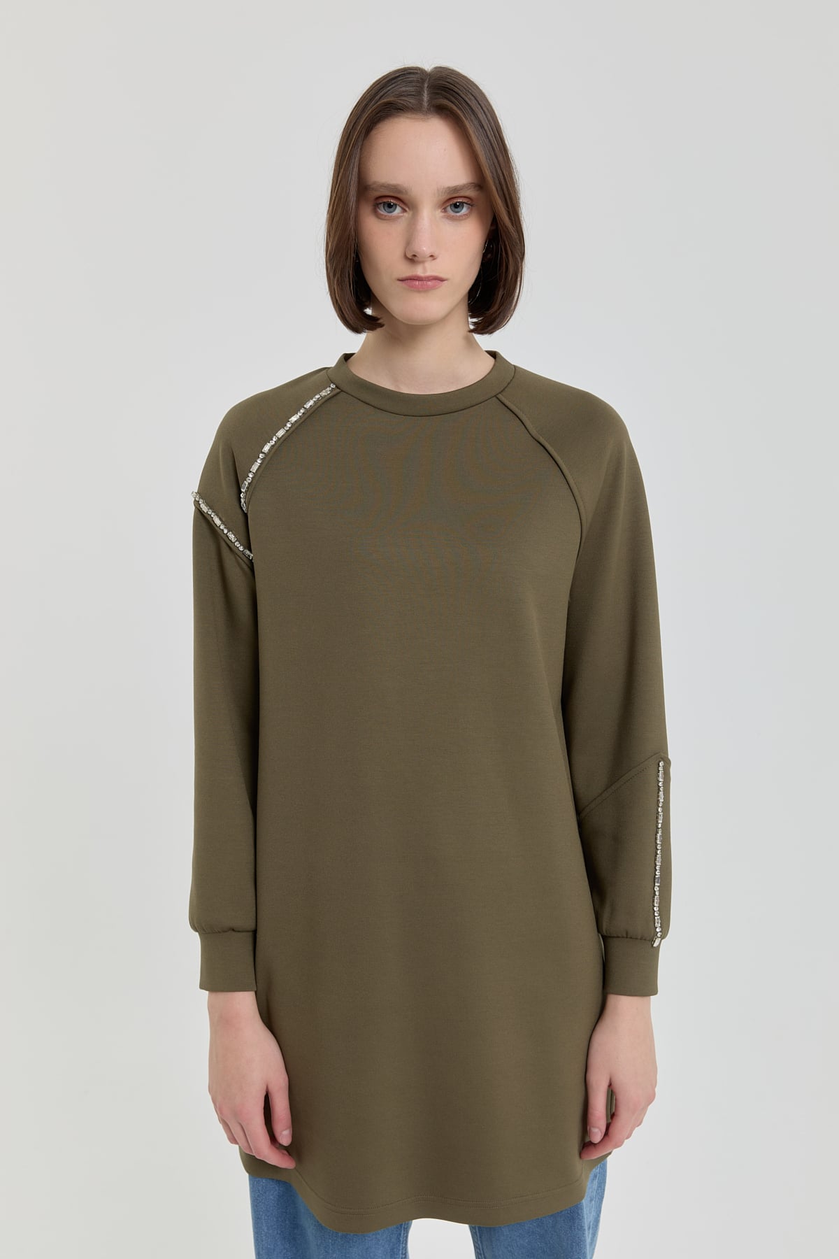 NİHAN Sweat Taş Detaylı Örme Sweat  Haki_modest
