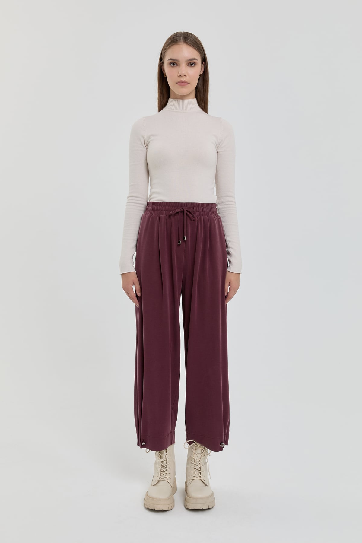 NİHAN Pantolon Tencel Havuç Pantolon  Bordo_modest