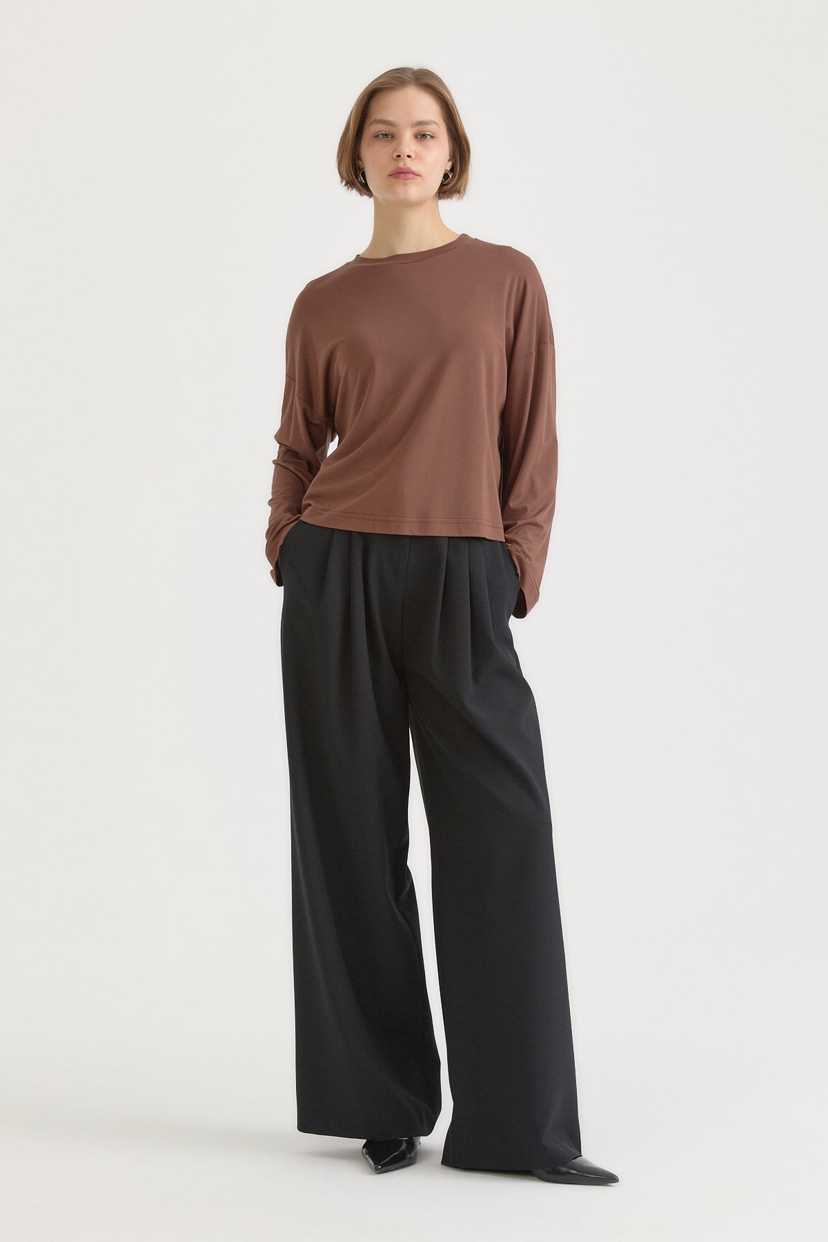Örme Crop Rayon Karışımlı Bluz  Kahve