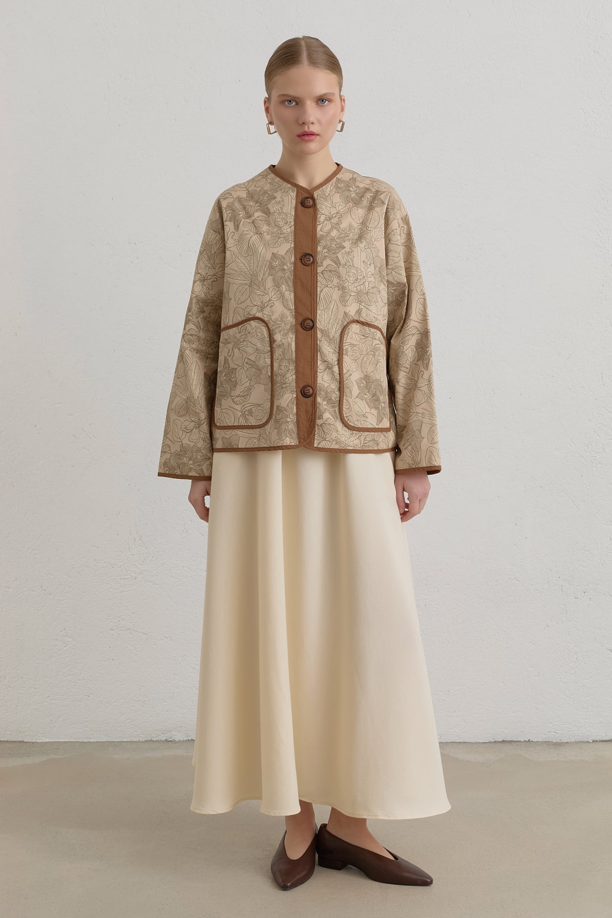 Oversize Desenli Gabardin Ceket  Bej