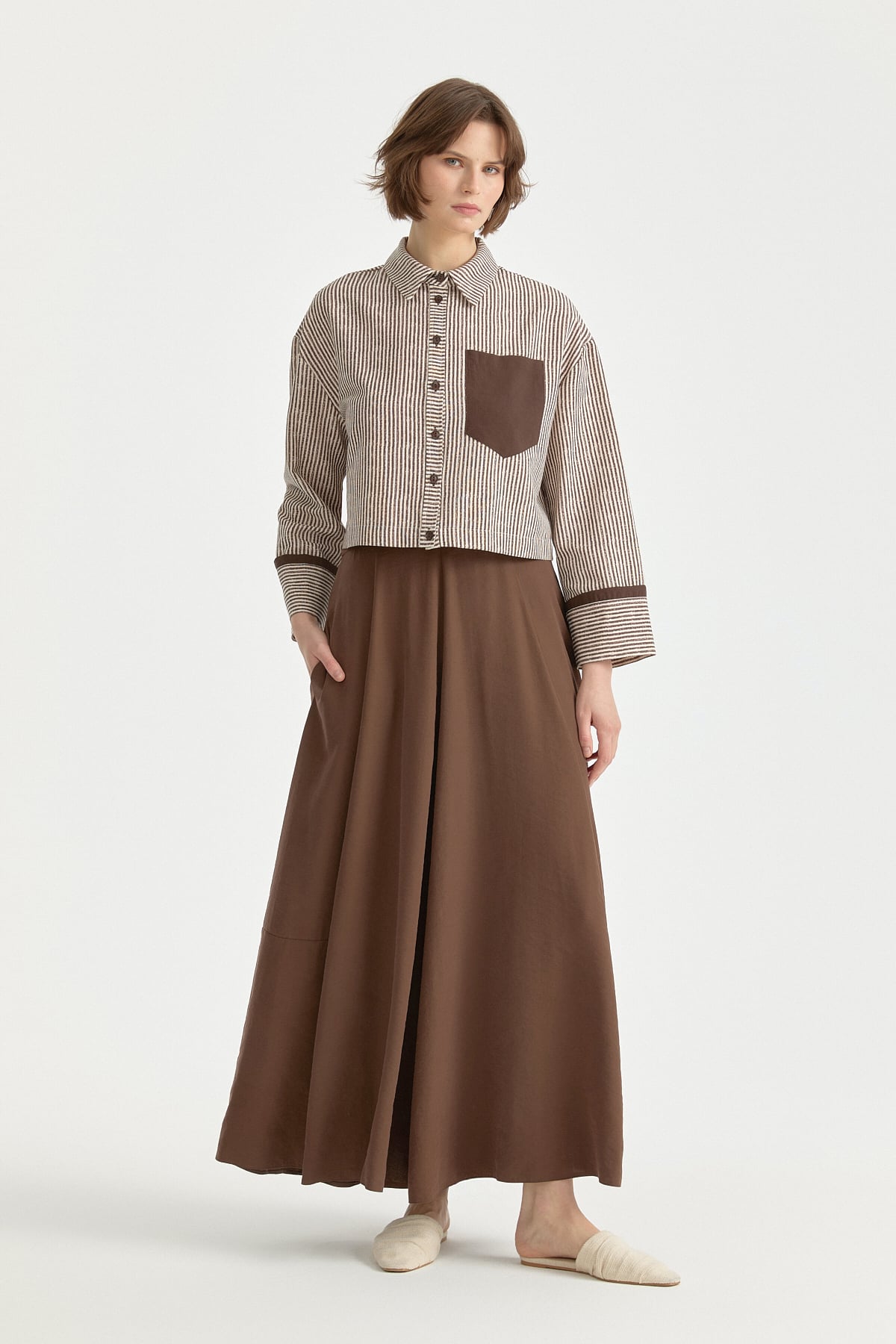 Parçalı Modal Etek  Kahve