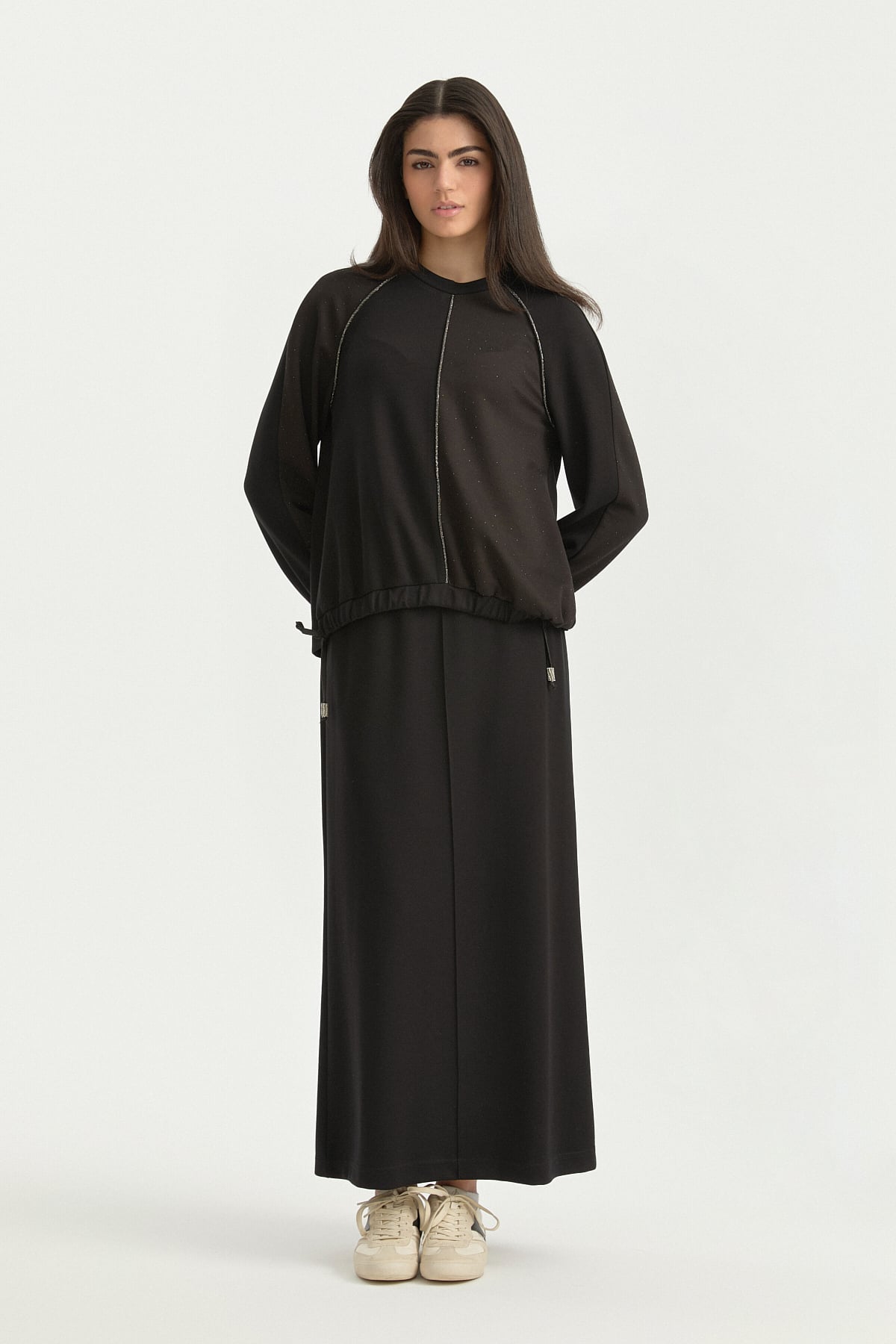 Parlak Taş Baskılı Örme Etek Bluz Takım  Siyah