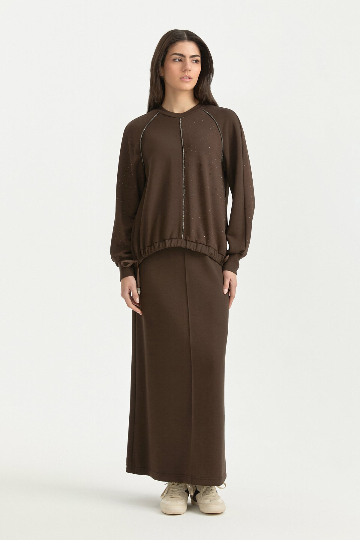 Parlak Taş Baskılı Örme Etek Bluz Takım  Kahve