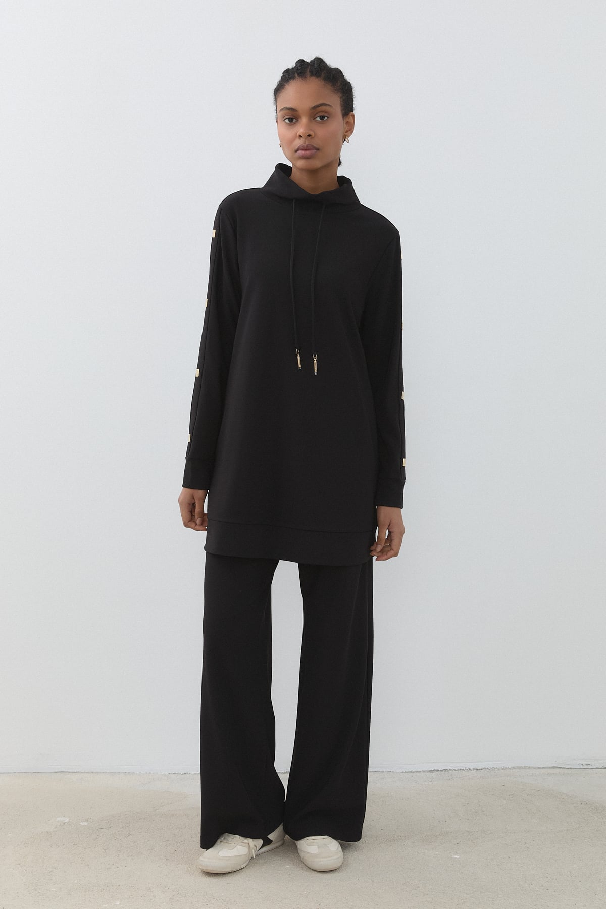 Parlak Taş Detaylı Örme Pantolon Tunik Takım  Siyah