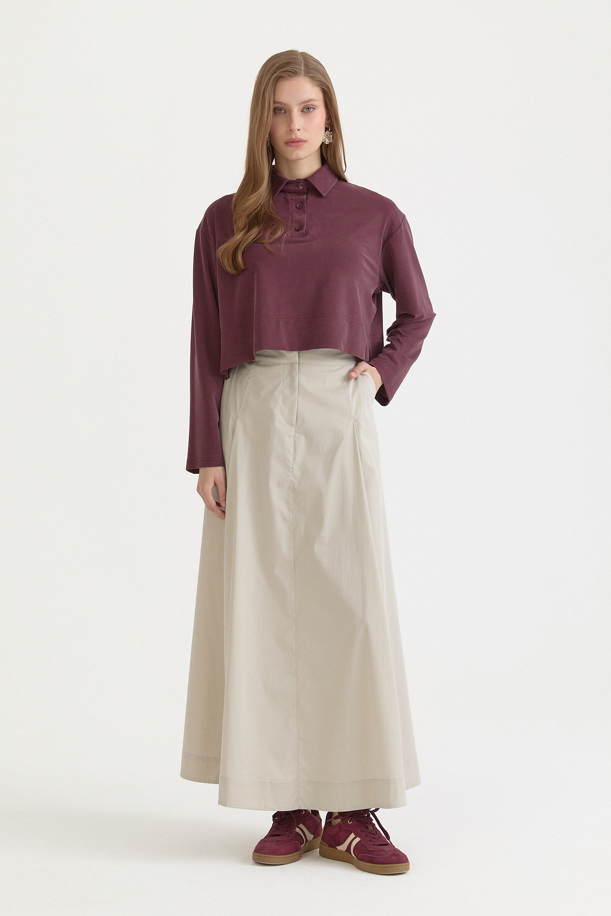Polo Yaka Uzun Kollu Crop T-Shirt  Mürdüm