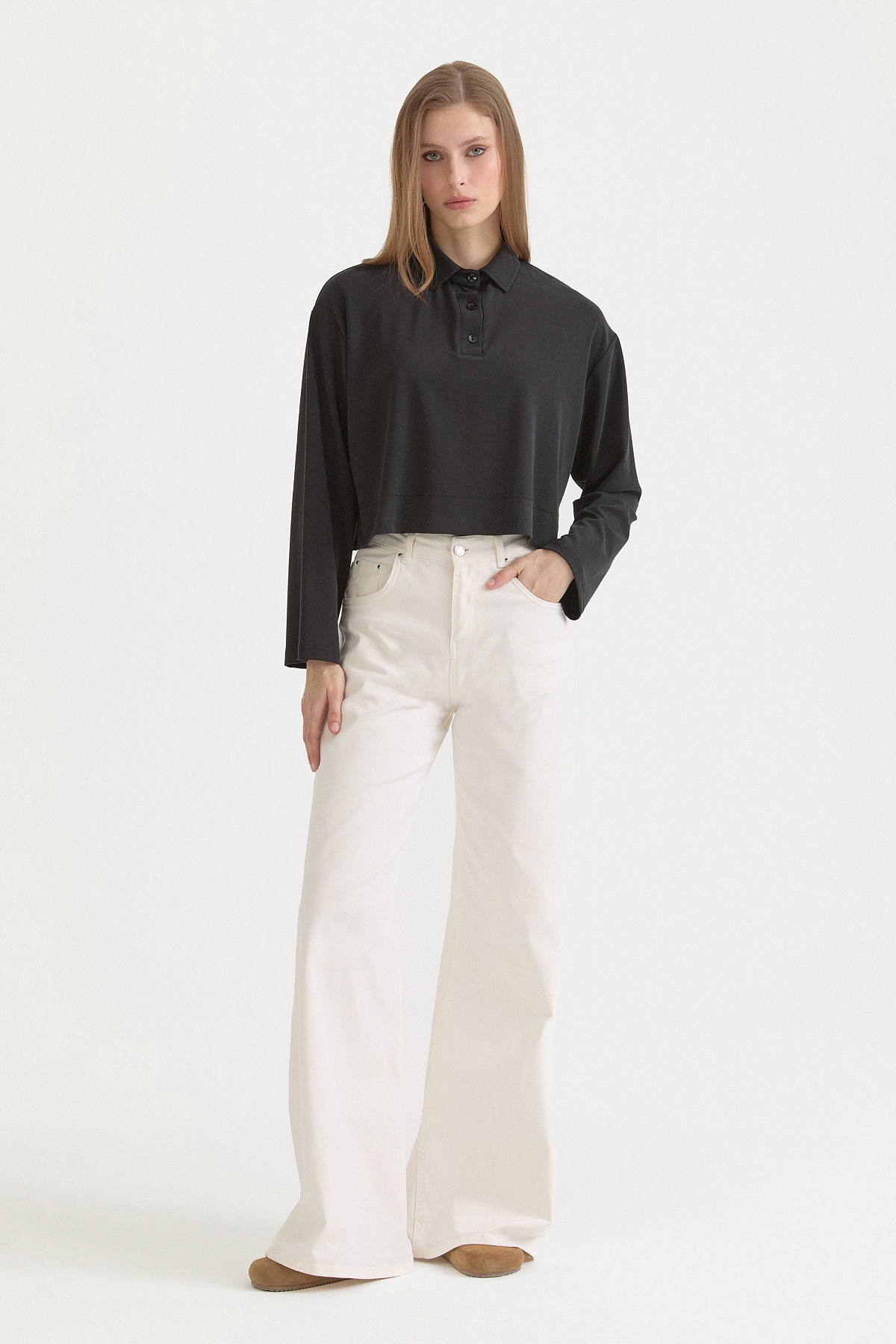 Polo Yaka Uzun Kollu Crop T-Shirt  Siyah