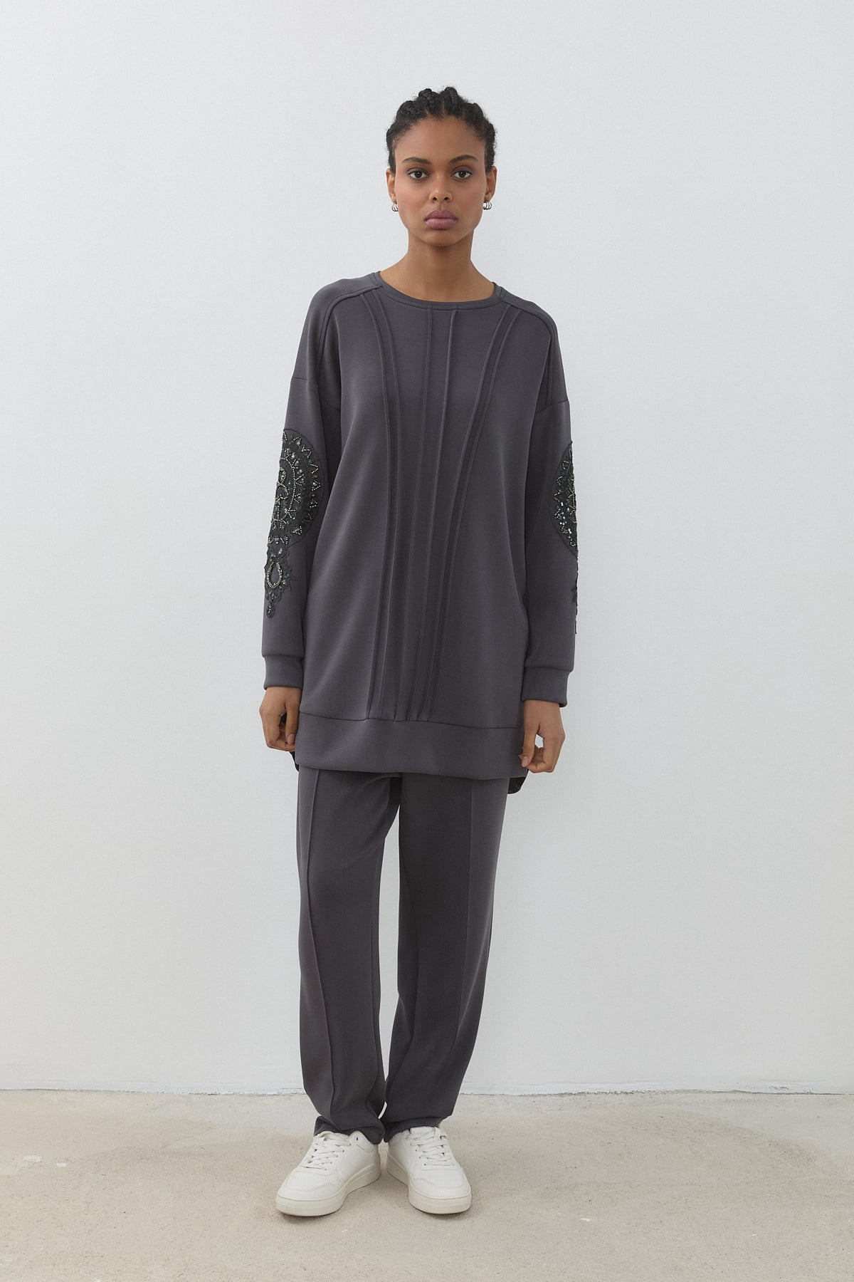 Rahat Kalıp Örme Modal Pantolon Tunik Takım  Füme