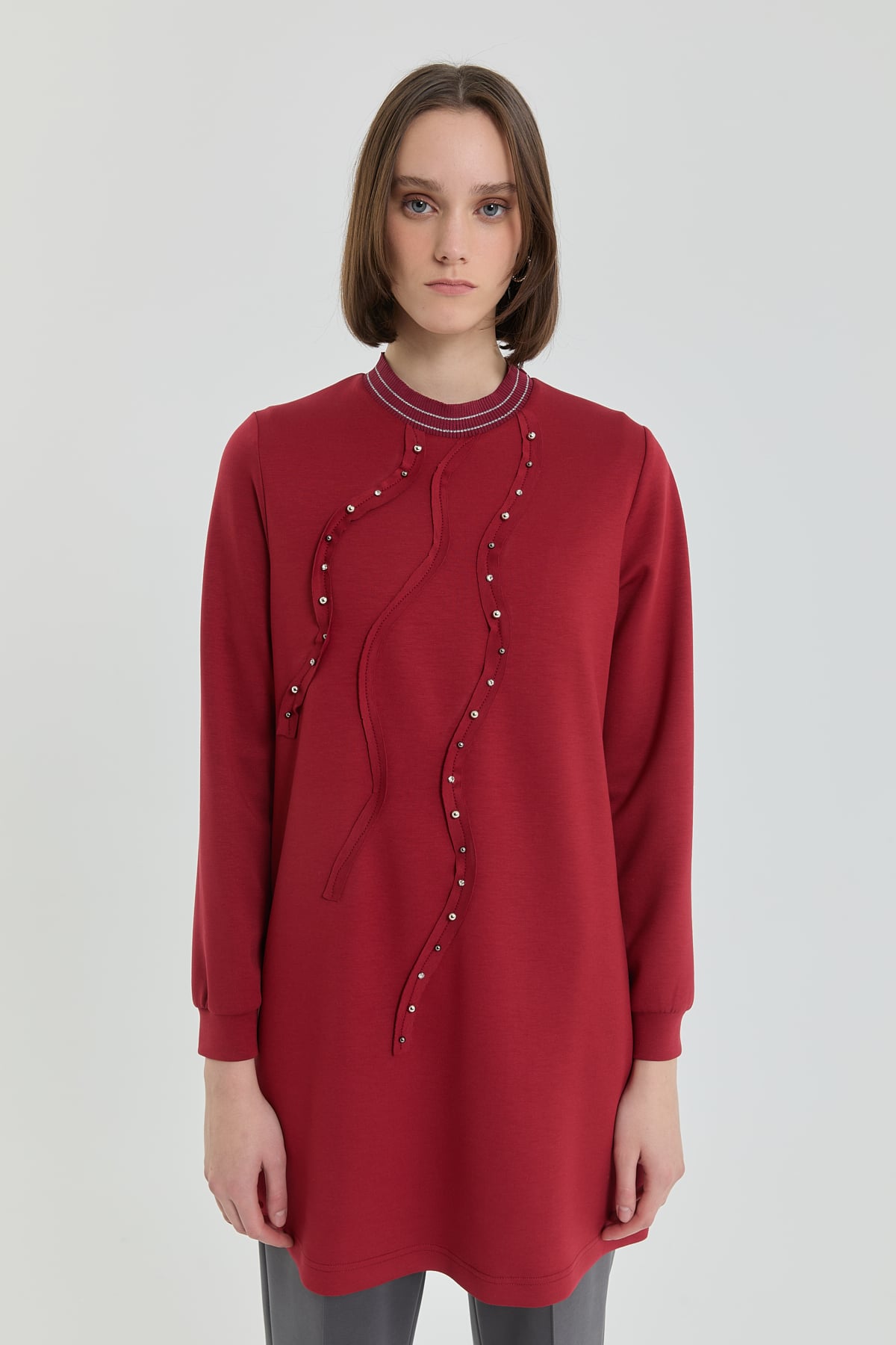 Taş Detaylı Ribanalı Örme Tunik  Bordo