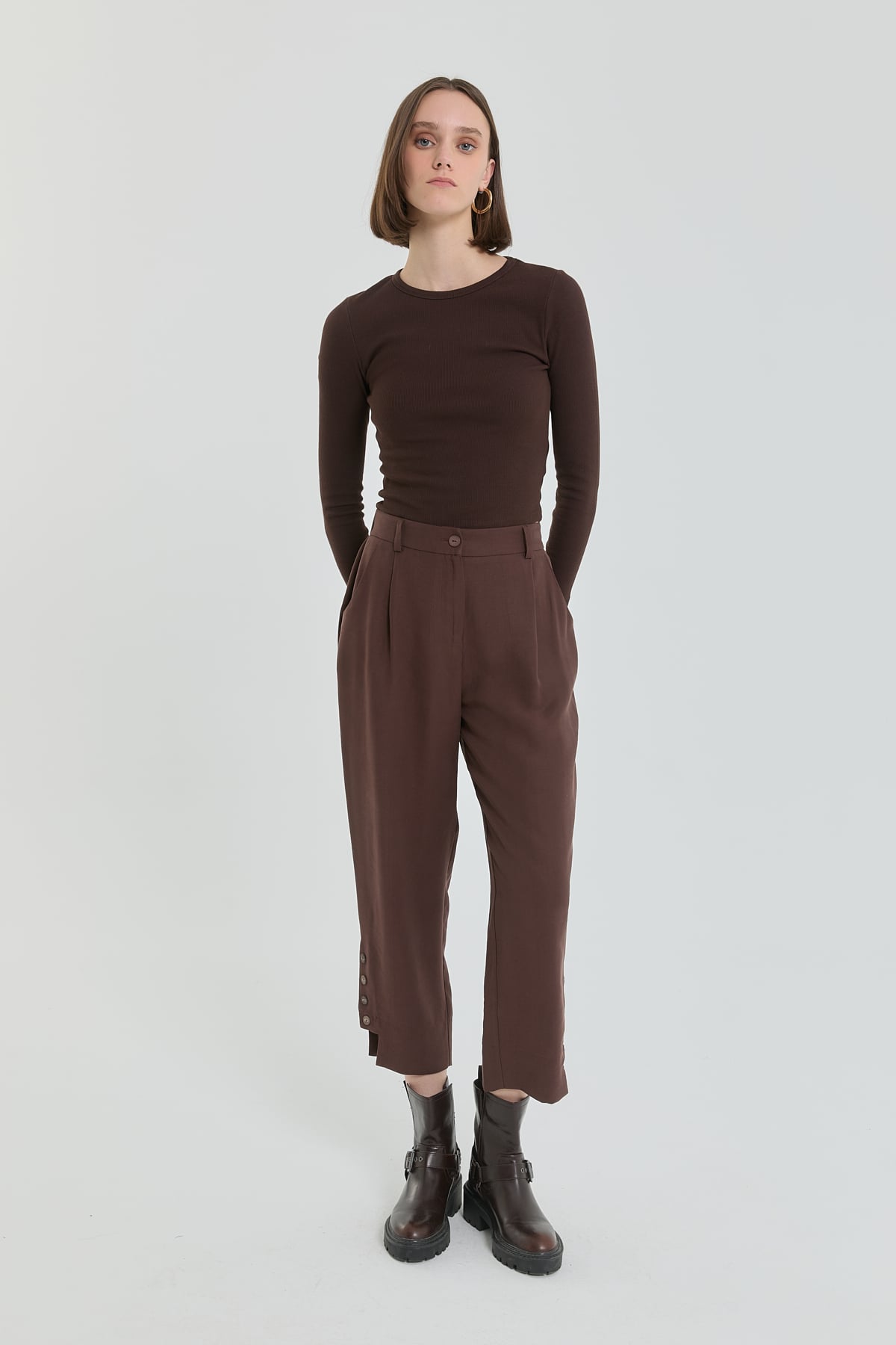 Tencel Karışım Havuç Pantolon  Kahve
