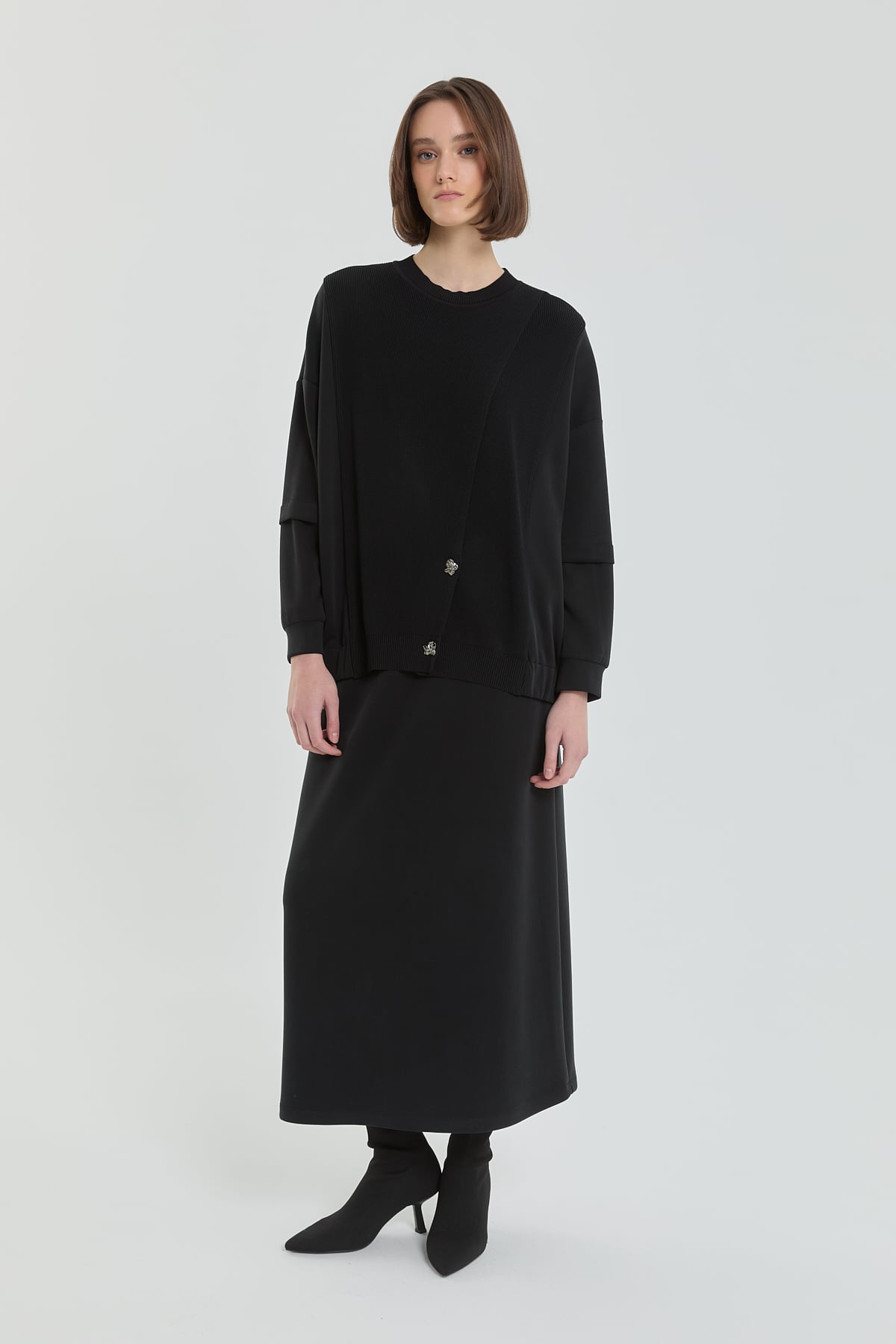 Triko Mixli Düğmeli Örme Etek Bluz Takım  Siyah