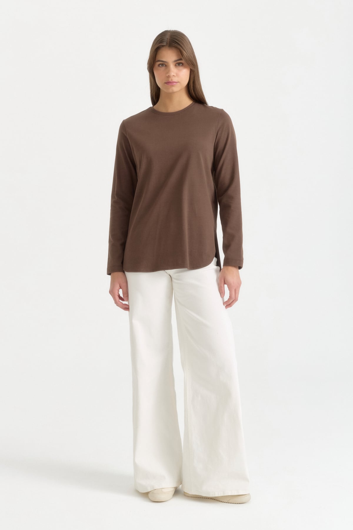 Uzun Kollu Basic Pamuk T-Shirt  Kahve