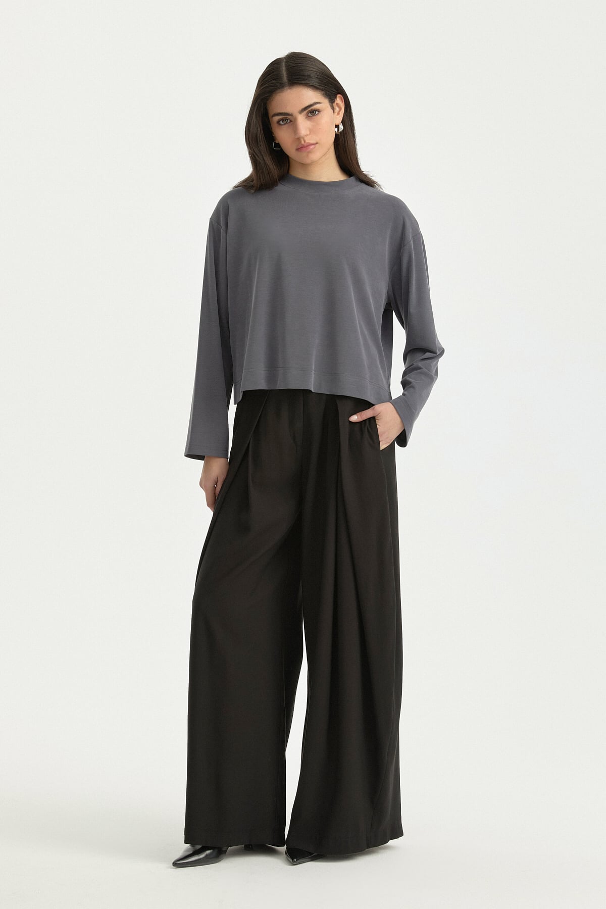 Uzun Kollu Crop T-Shirt  İndigo