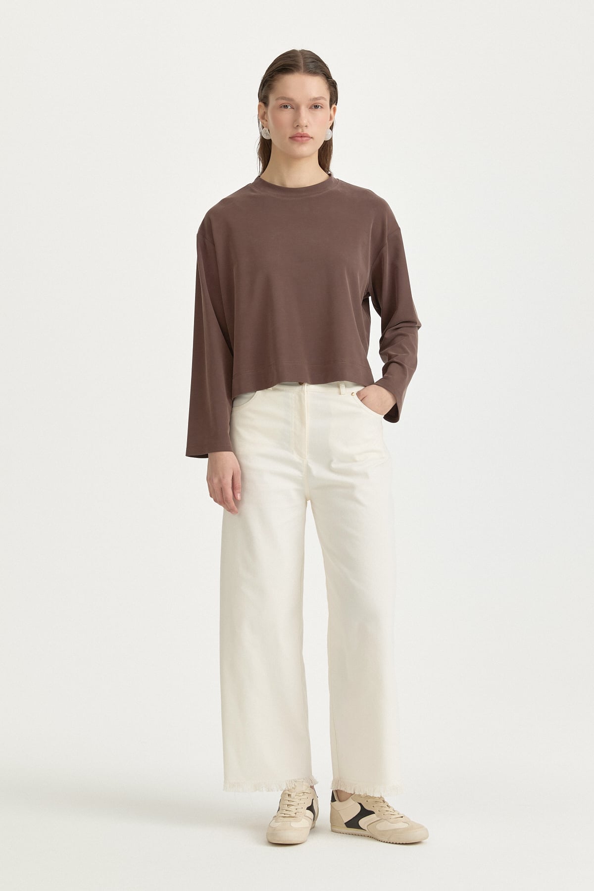 Uzun Kollu Crop T-Shirt  Kahve
