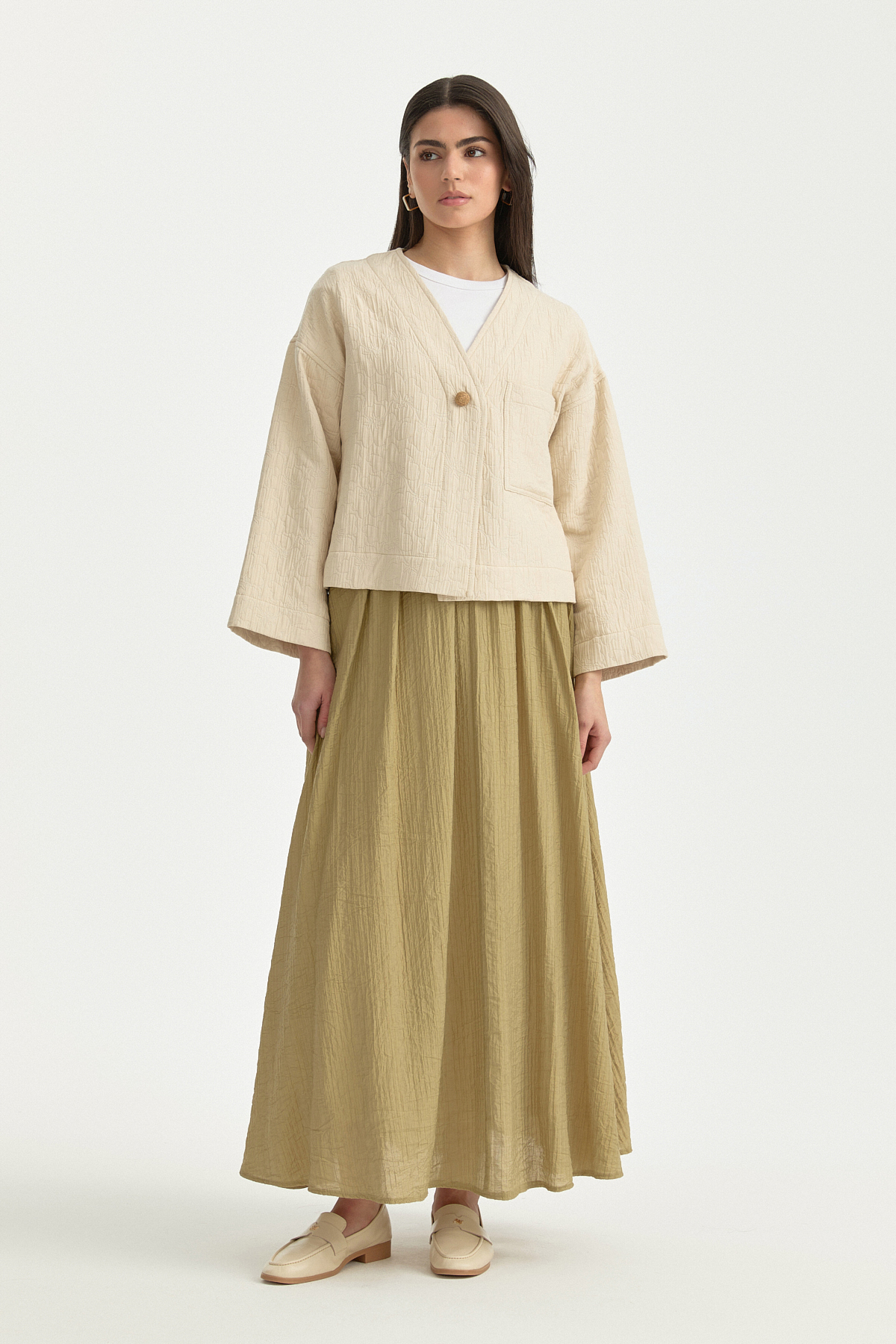 V Yaka İnce Kapitone Ceket  Krem