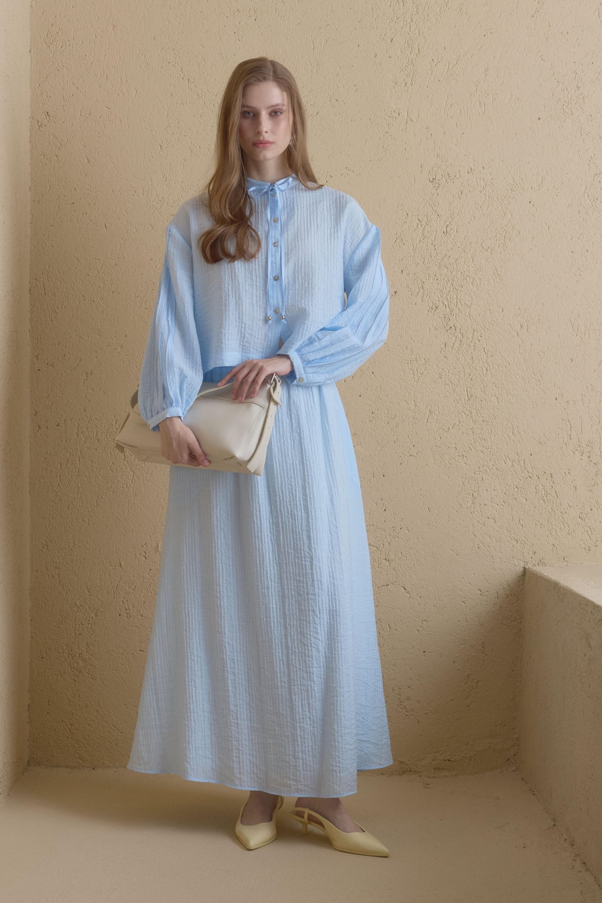 Viskon Etek Gömlek Takım  Açık Mavi