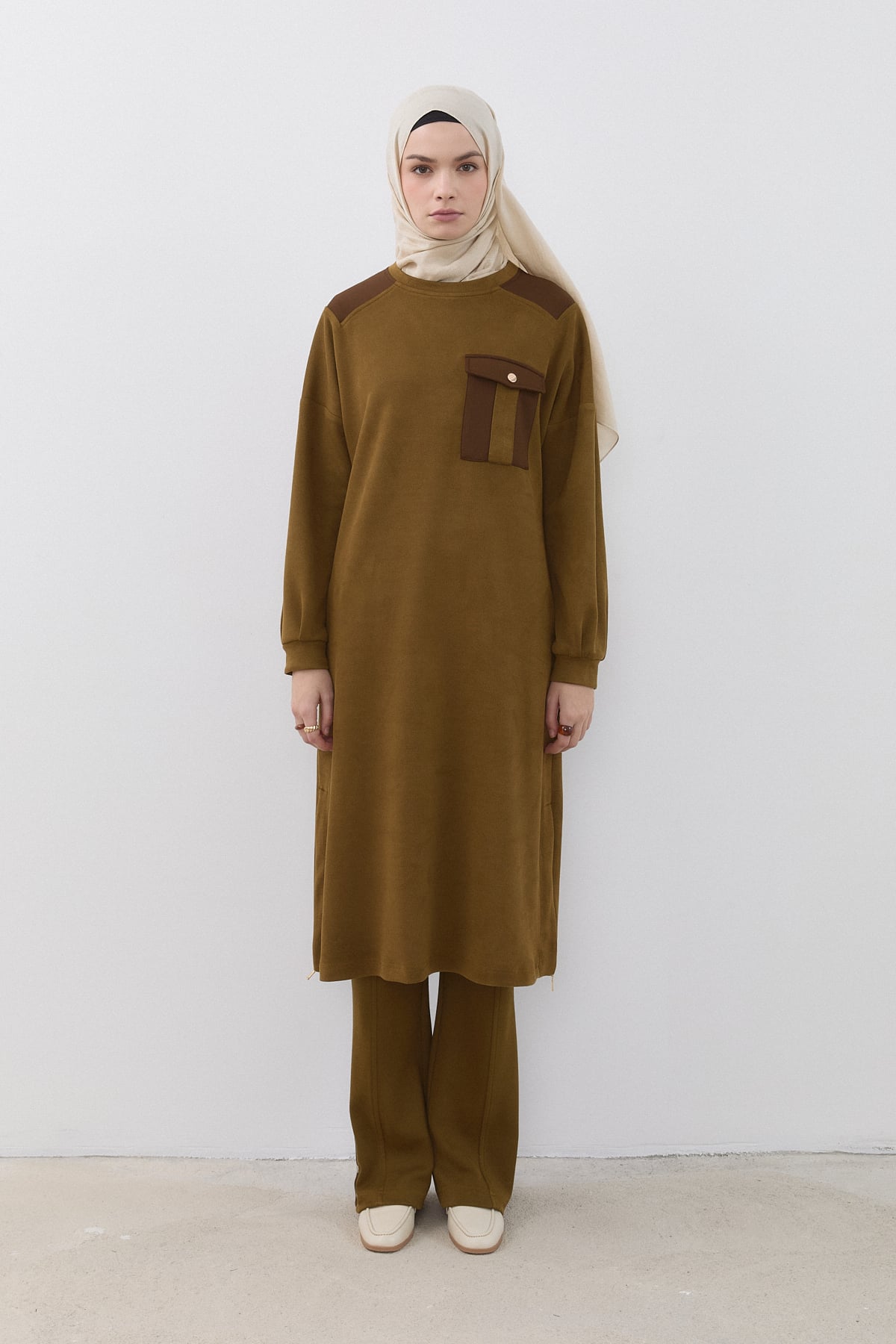 Yandan Fermuarlı Uzun Cupra Süet Tunik  Olive