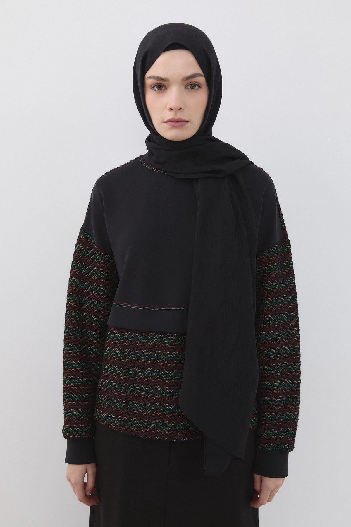 Aller Detaylı Örme Sweat  Siyah
