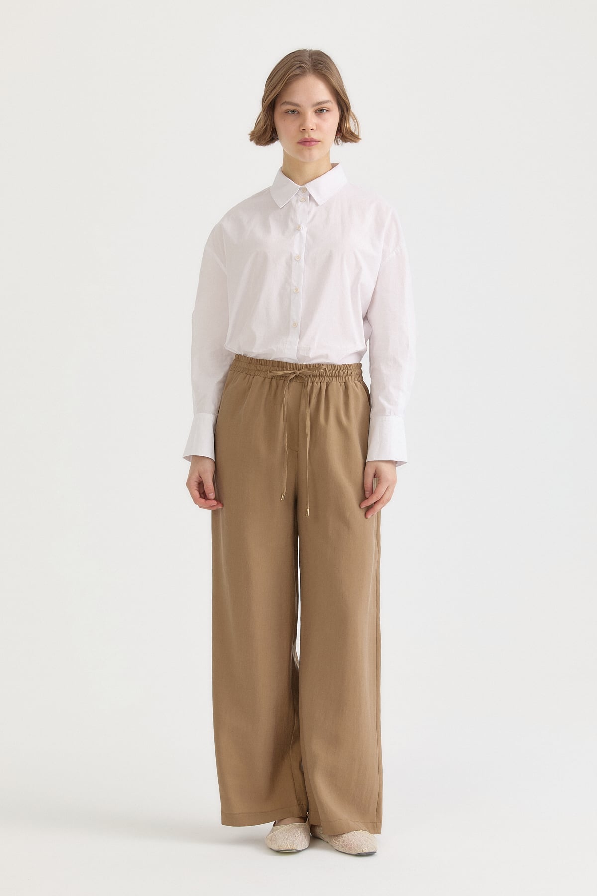 Beli Lastikli Bol Paça Lyocell Pantolon  Camel