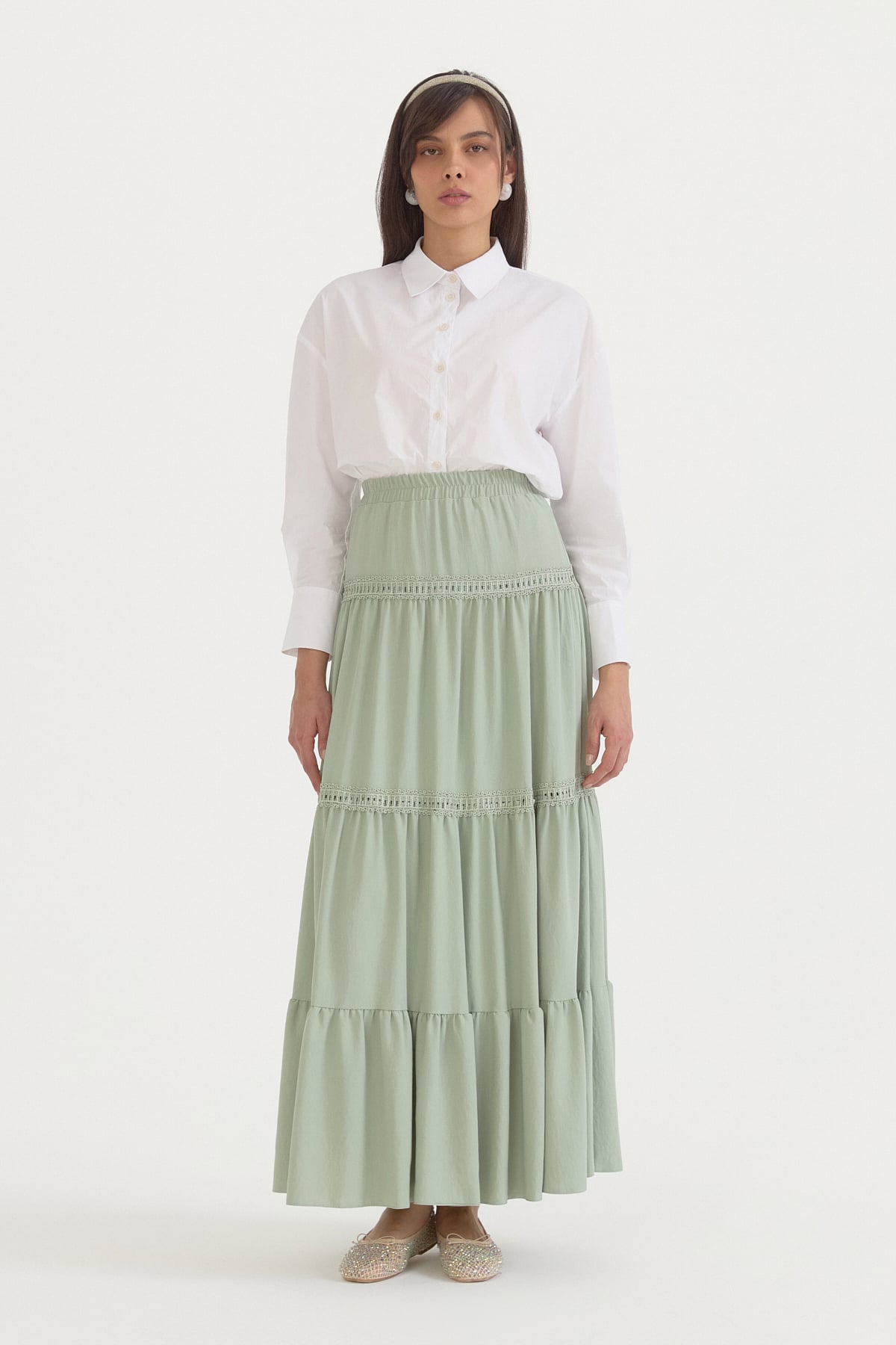 Beli Lastikli Çingene Etek  Mint