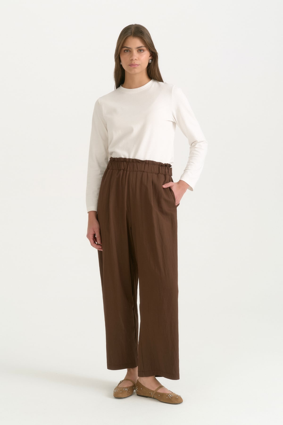 Beli Lastikli Düğme Detaylı Rayon Pantolon  Kahve