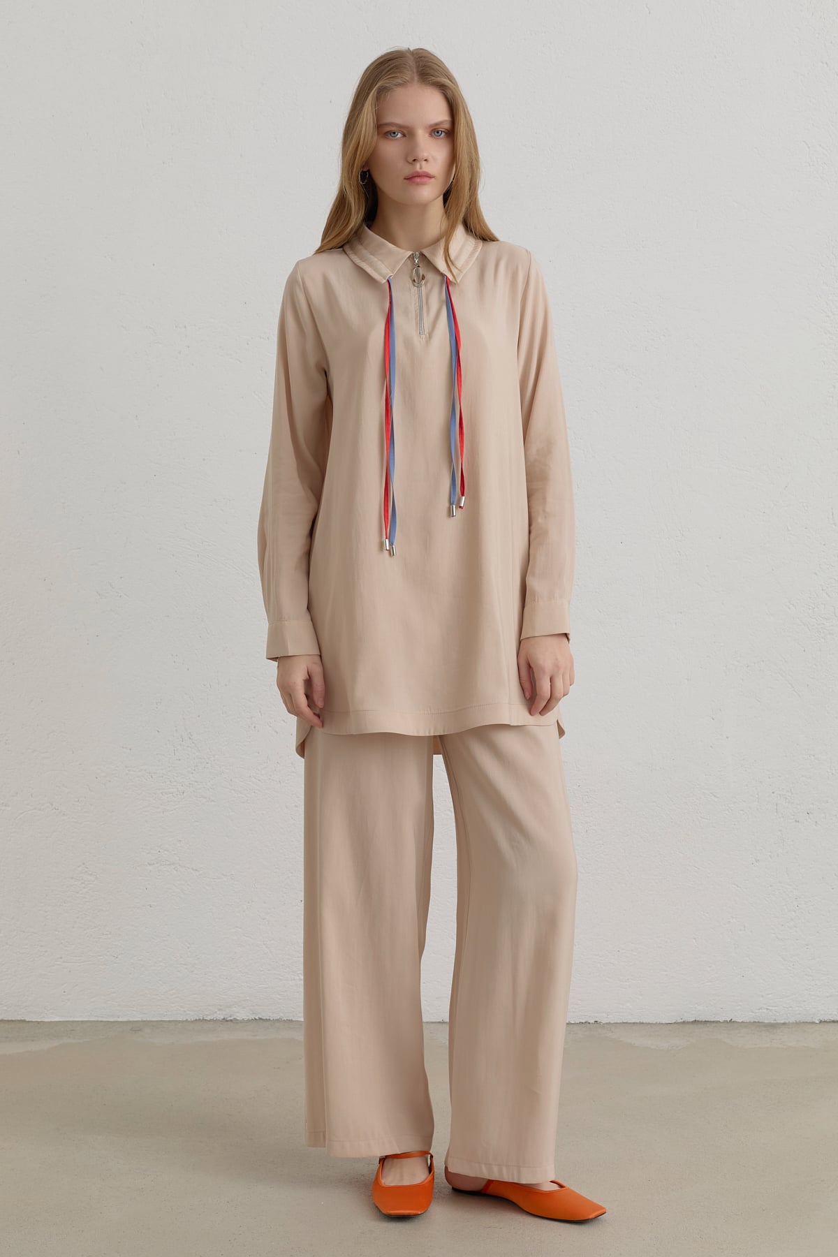 Çift Bağcıklı Modal Pantolon Tunik Takım  Krem