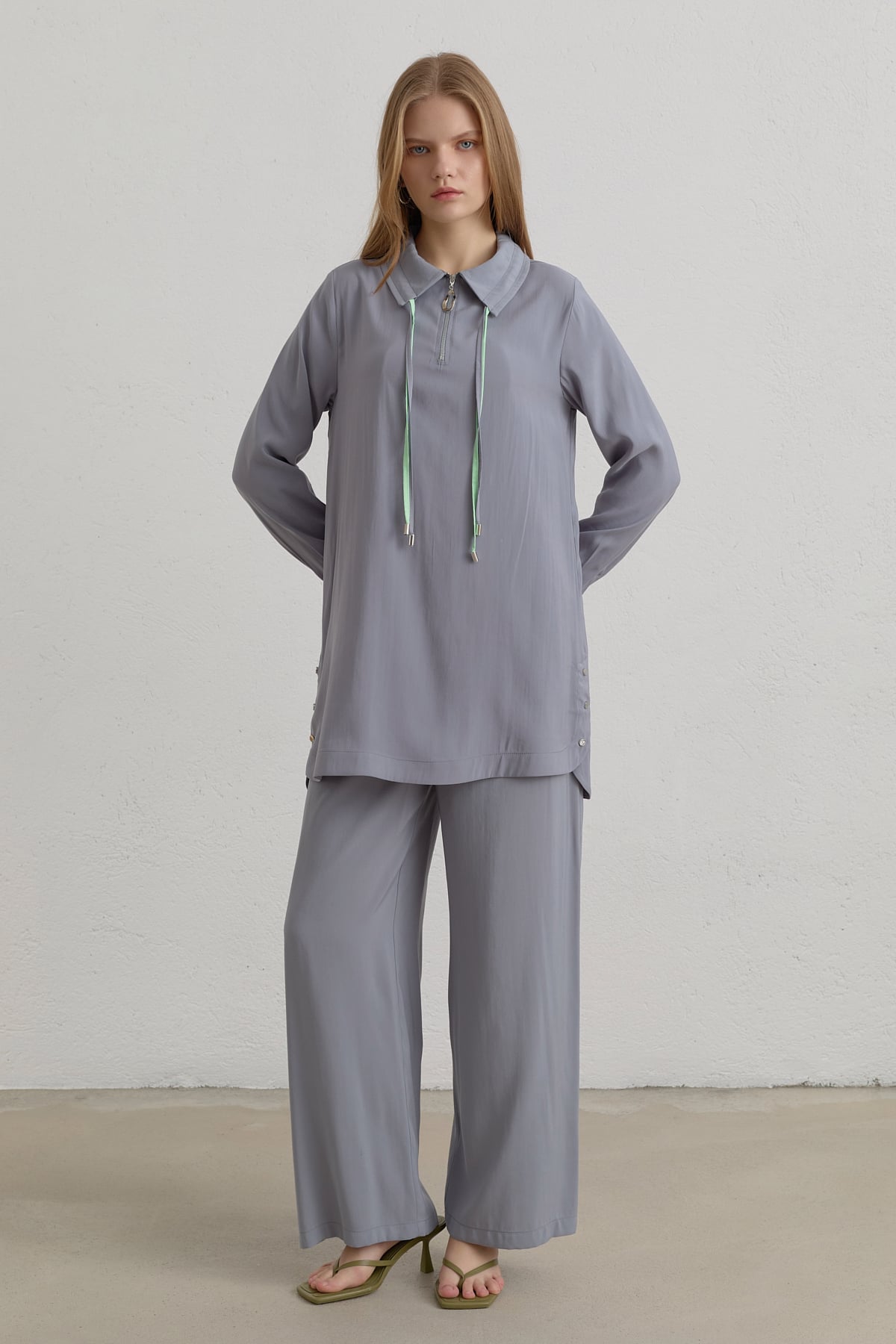 Çift Bağcıklı Modal Pantolon Tunik Takım  Gri