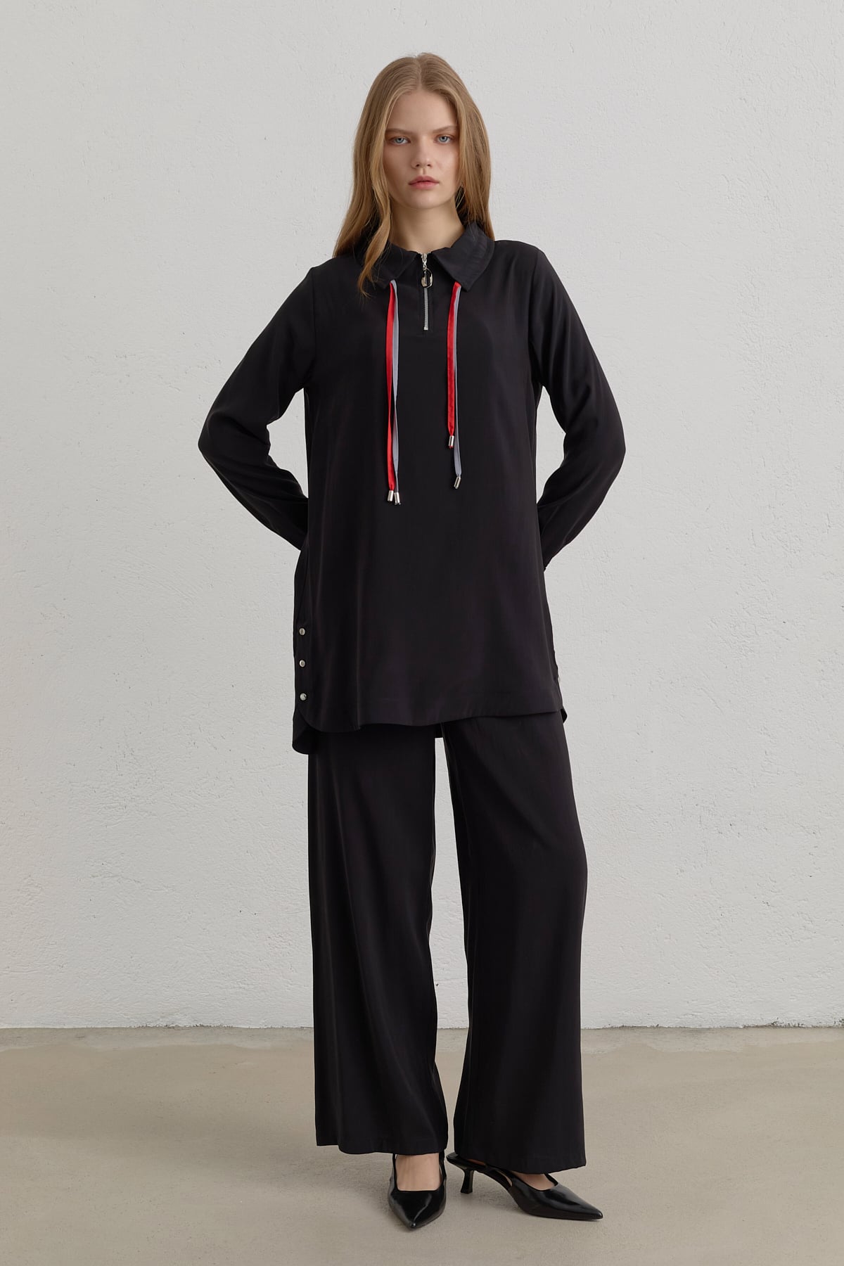 Çift Bağcıklı Modal Pantolon Tunik Takım  Siyah