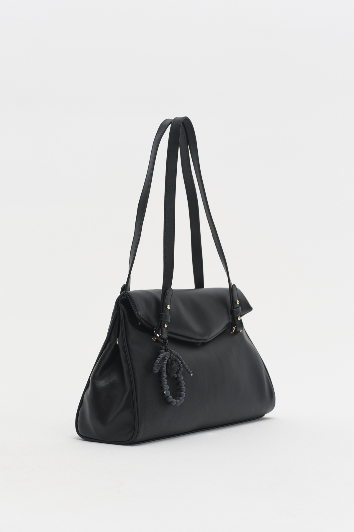 Çift Saplı Charm Detaylı Shopper Çanta  Siyah